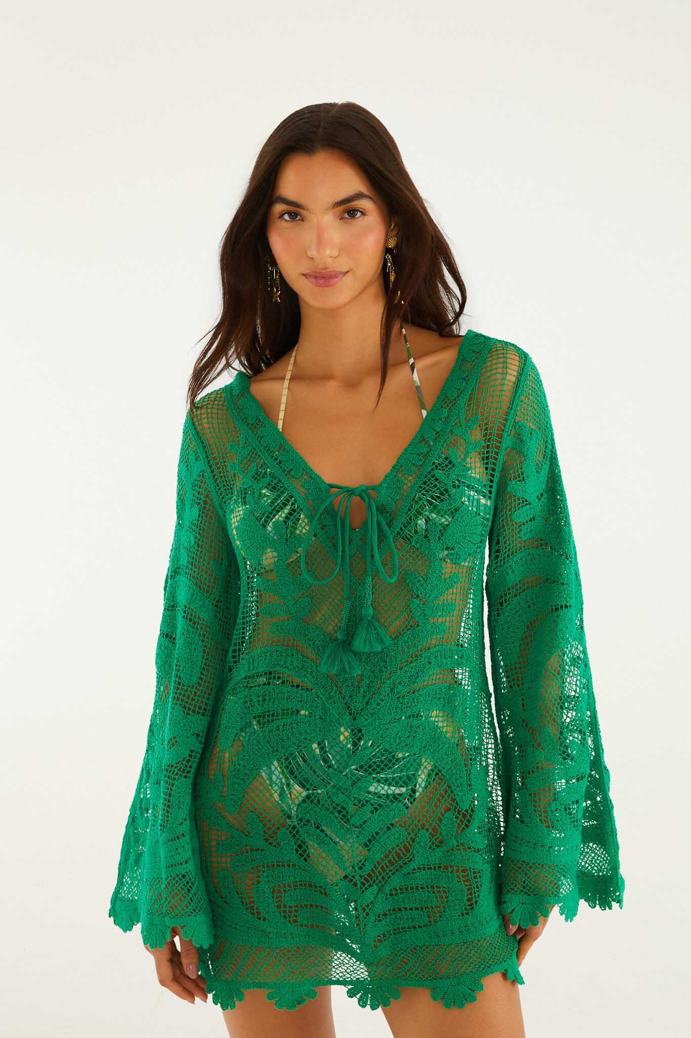 Vestido Mini Verde Richelieu con Espalda Transparente Abierta