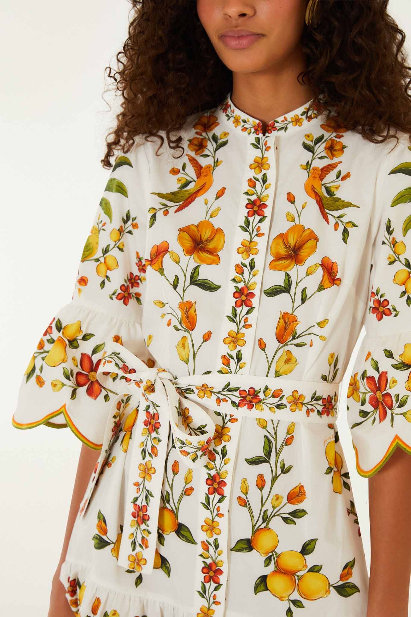Vestido Mini Blanco Hueso Lemon Bouquet con Cinturón y Manga Abombada