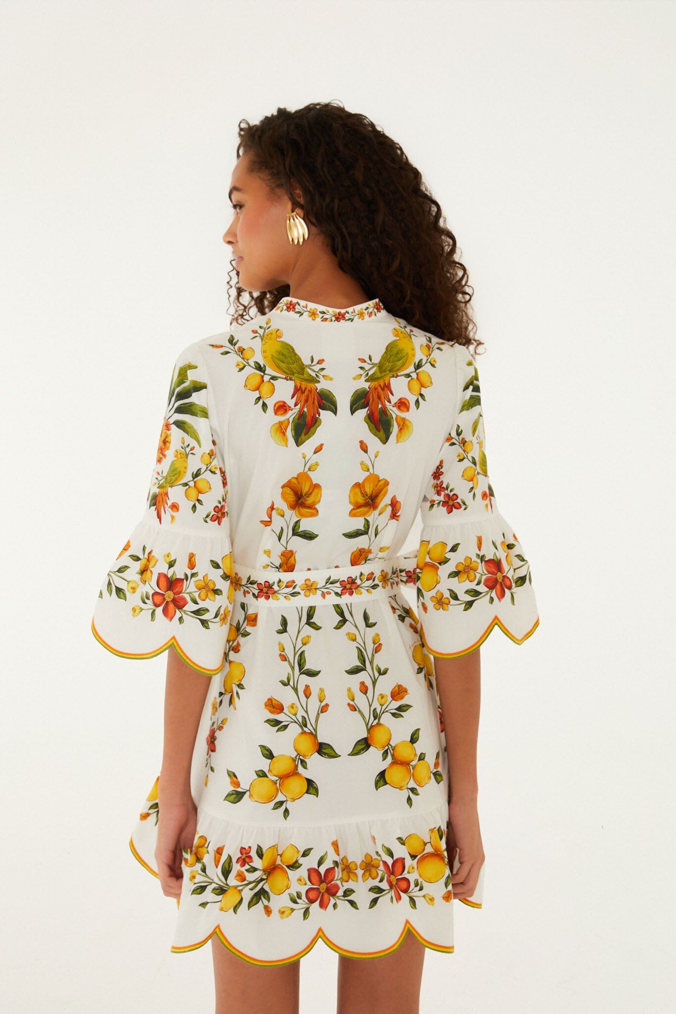 Vestido Mini Blanco Hueso Lemon Bouquet con Cinturón y Manga Abombada