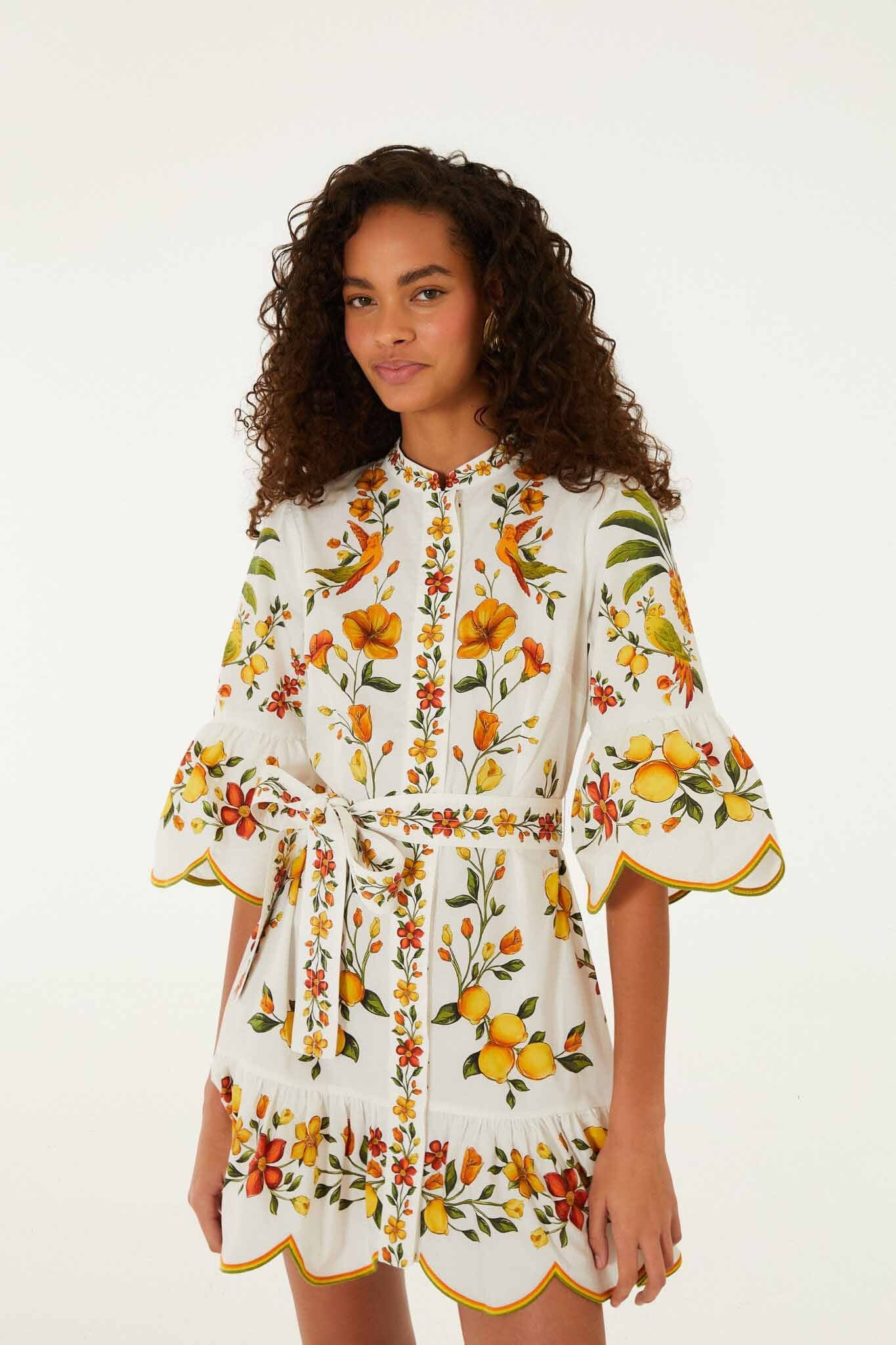 Vestido Mini Blanco Hueso Lemon Bouquet con Cinturón y Manga Abombada