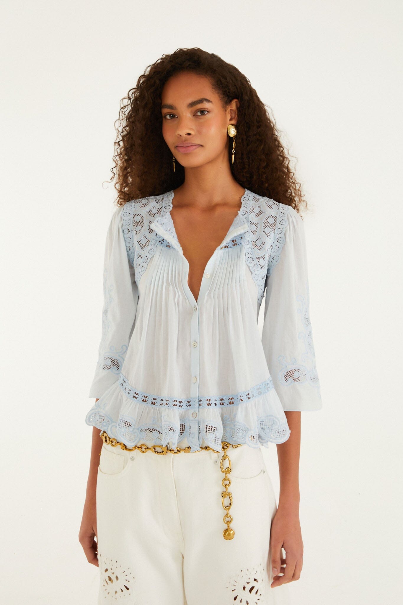 Blusa Azul Claro Richelieu de Manga Corta