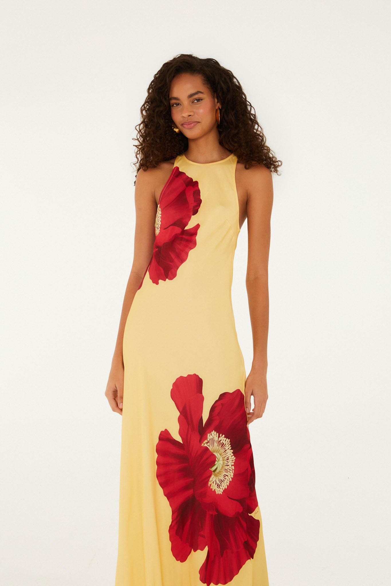 Maxi Vestido Amarillo Claro Flores de Amapola sin Mangas