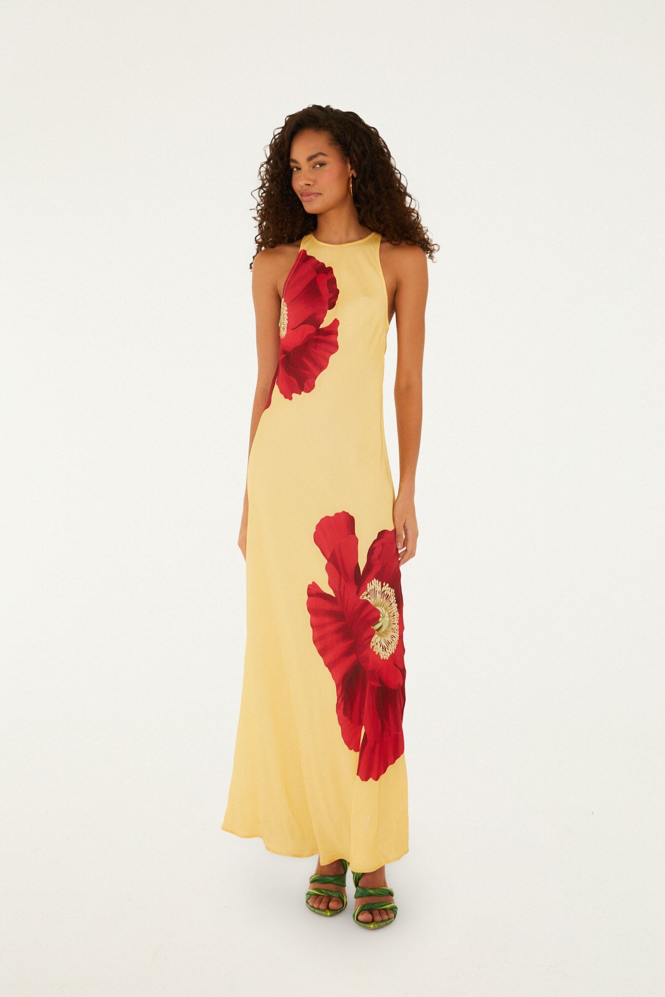 Maxi Vestido Amarillo Claro Flores de Amapola sin Mangas
