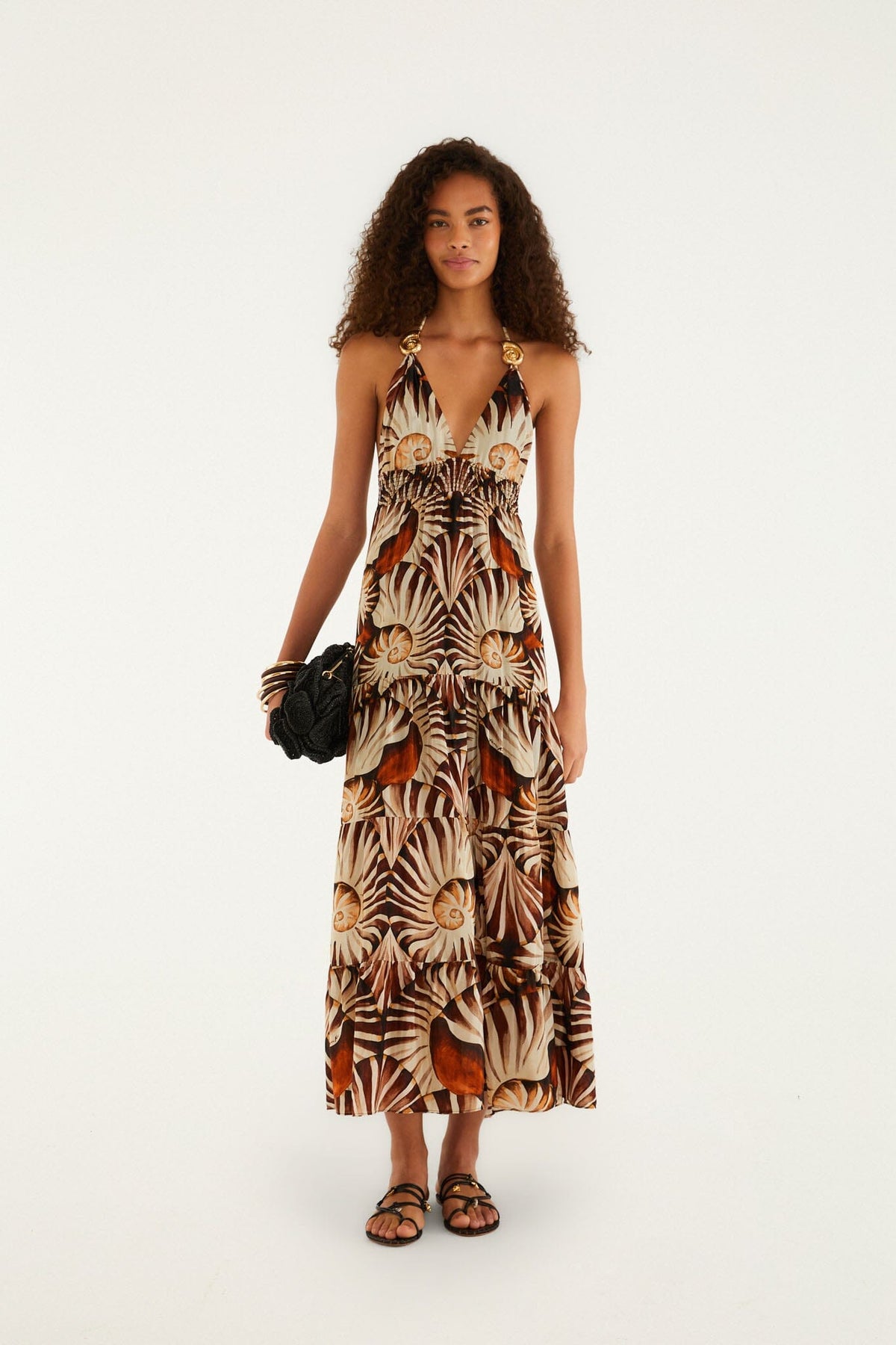 Maxi Vestido Ammonite Multicolor con Borlas y Fruncido Smock