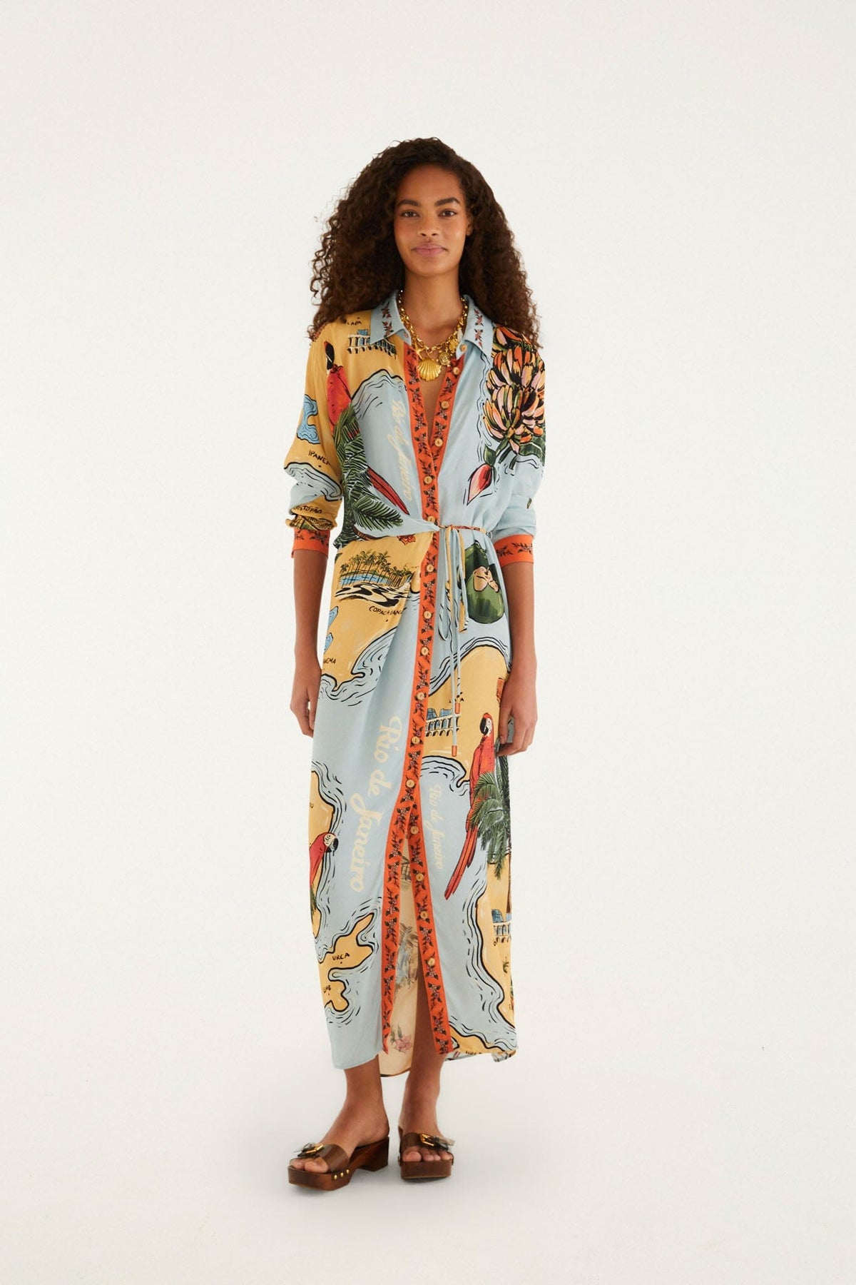 Maxi Vestido Beaches Path Multicolor con Cuello Camisero y Botones
