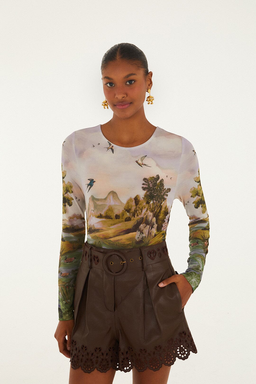 Blusa de Jersey Countryside Landscape Multicolor de Manga Larga