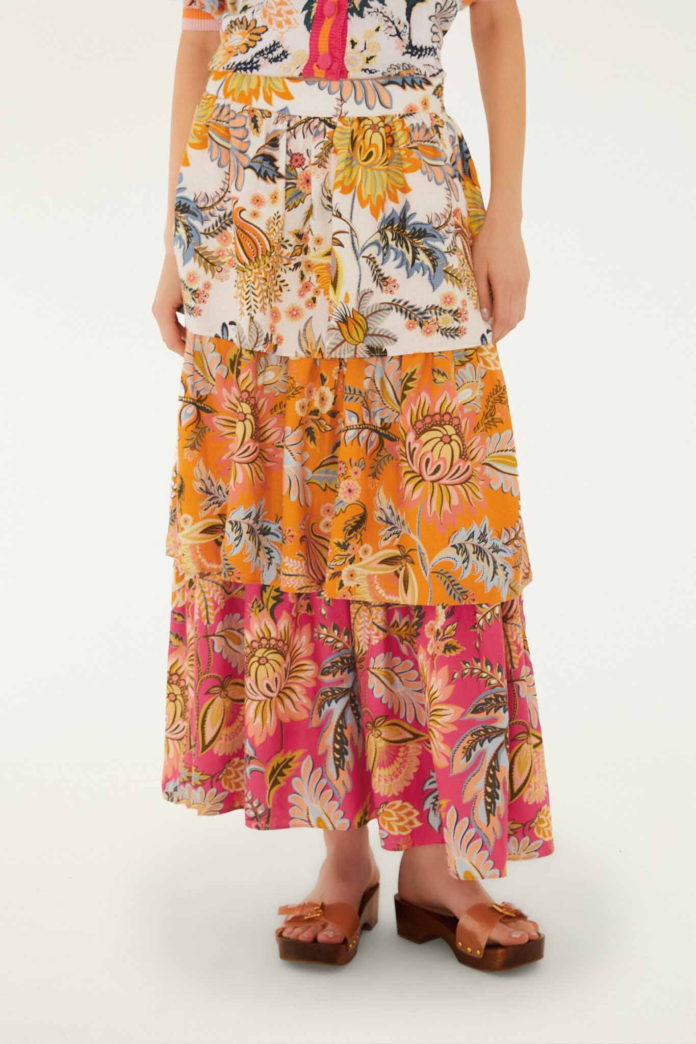 Falda Midi Multicolor Ligia Floral Mix con Capas