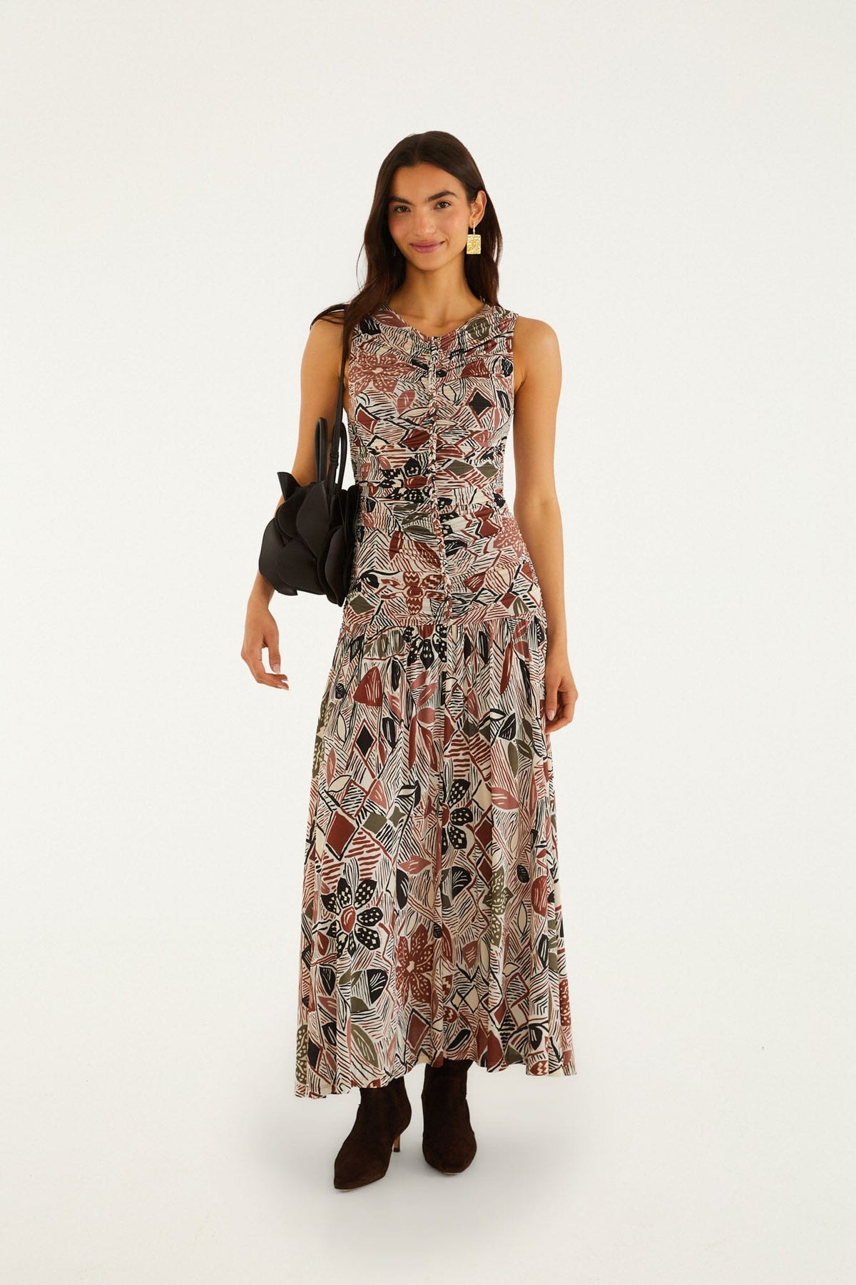 Maxi Vestido Blanco Invierno Flores Rústicas sin Mangas