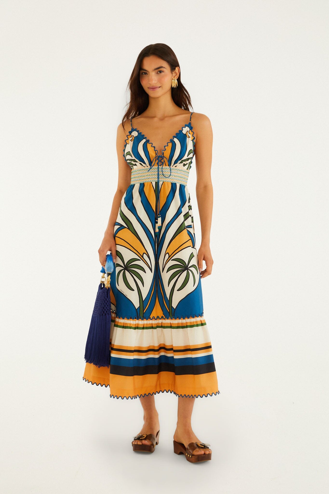 Maxi Vestido Tropical Multicolor con Detalle Ondulado