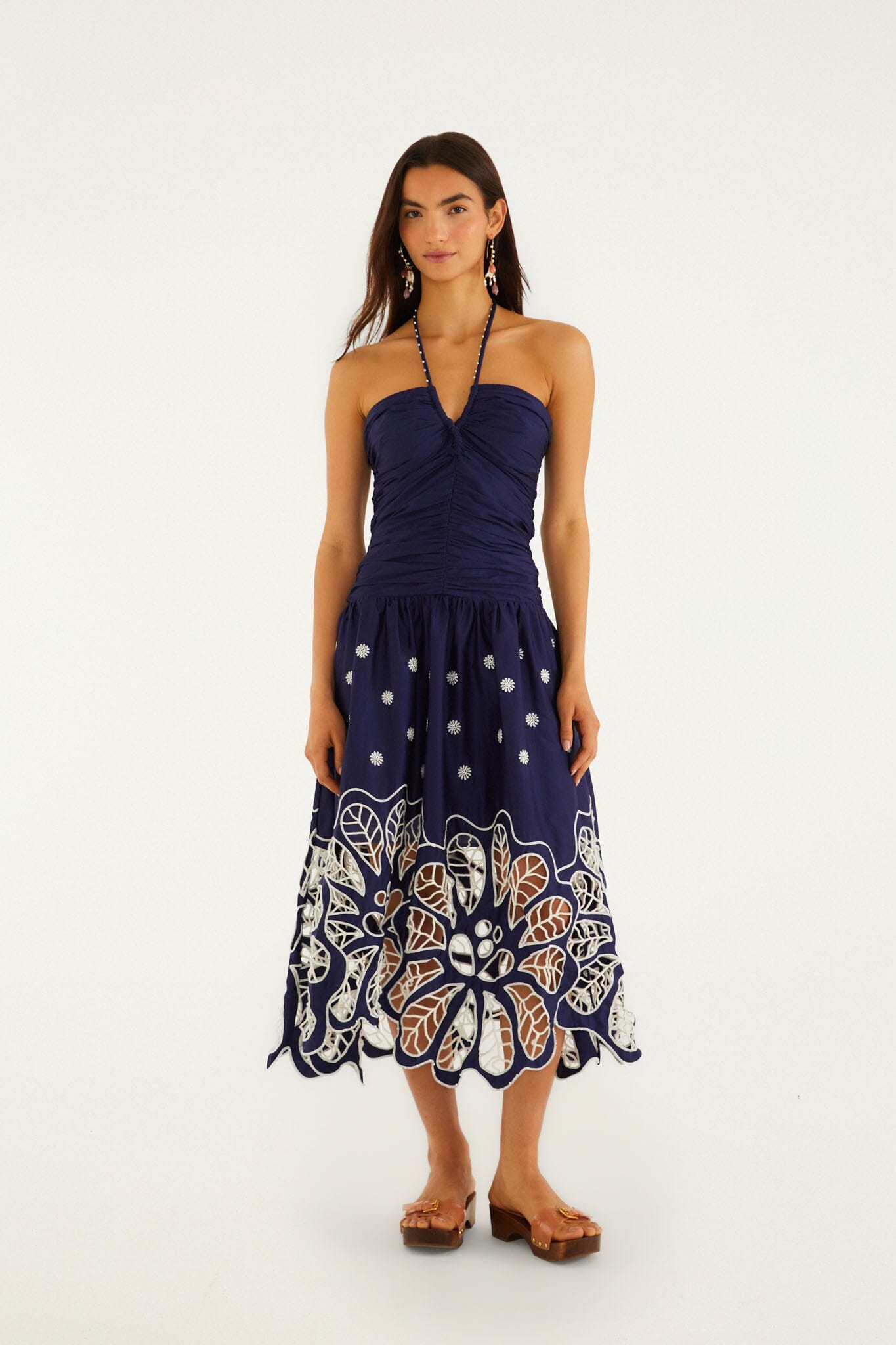 Vestido Midi Azul Marino Bordado Richelieu