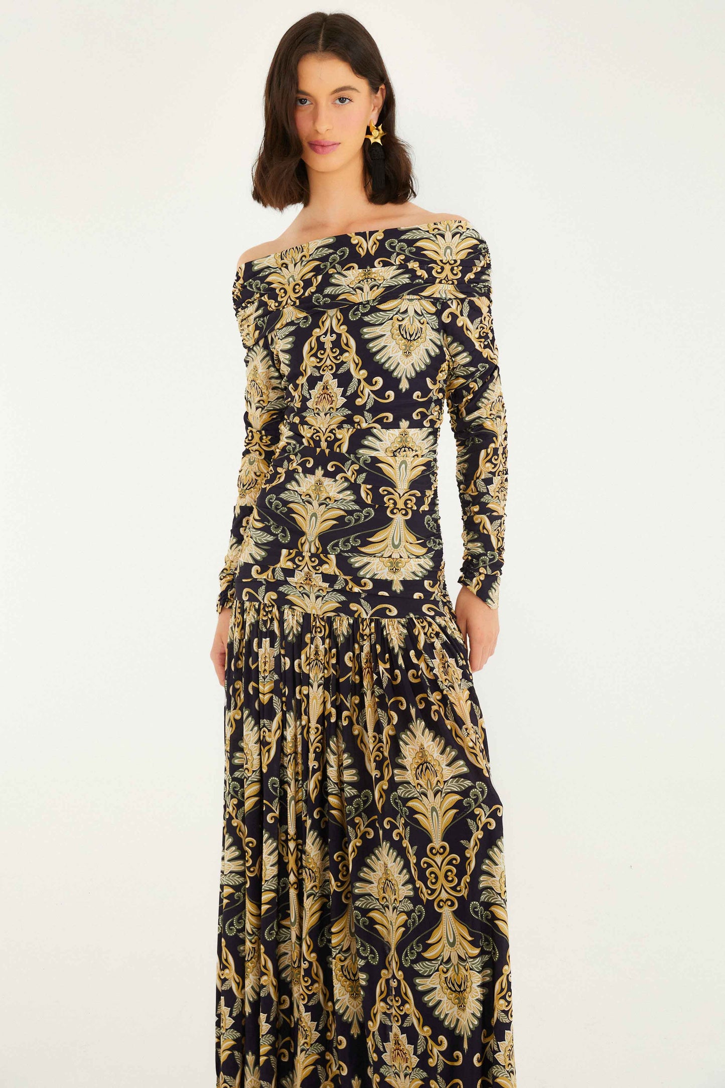 FARM Rio model wearing the Navy Blue Wonderful Arabesque Off-Shoulder Maxi Dress