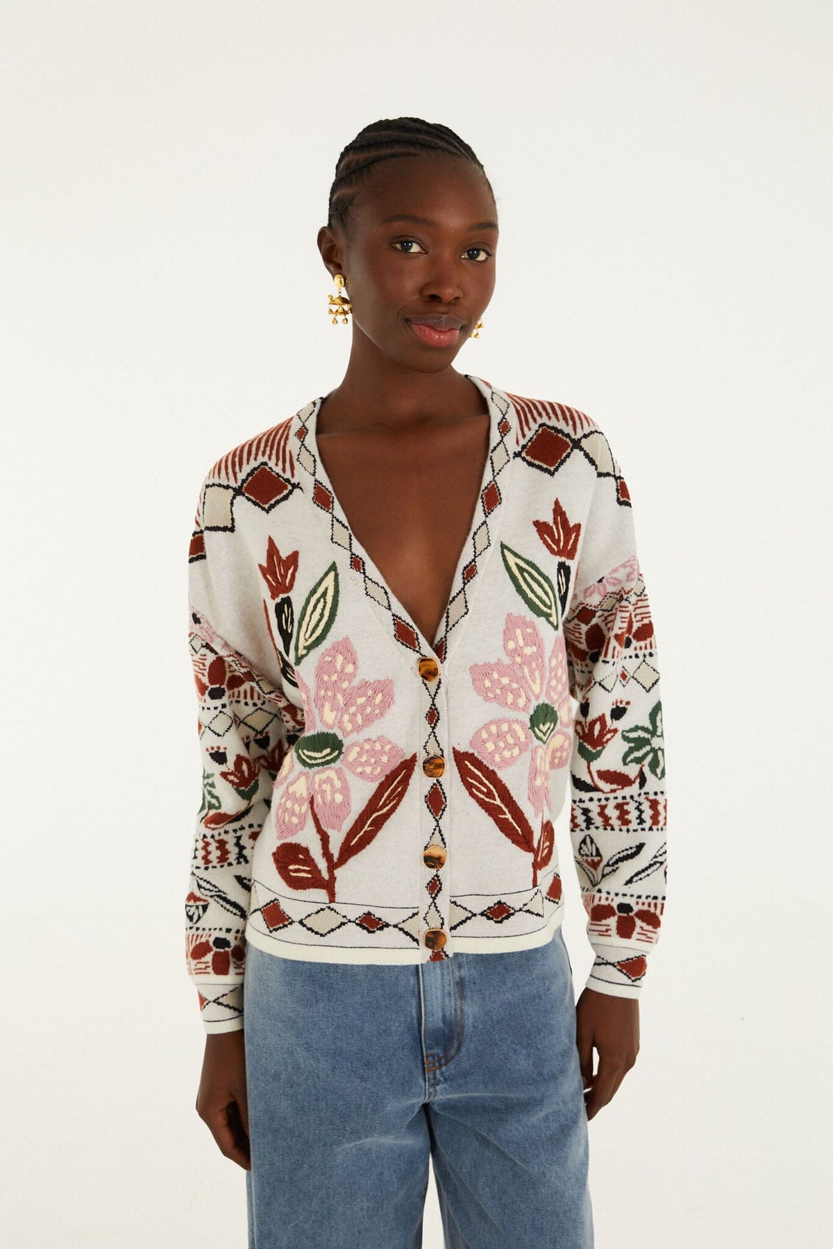Cardigan Tejido Ainika Blanco Hueso con Flor Bordada