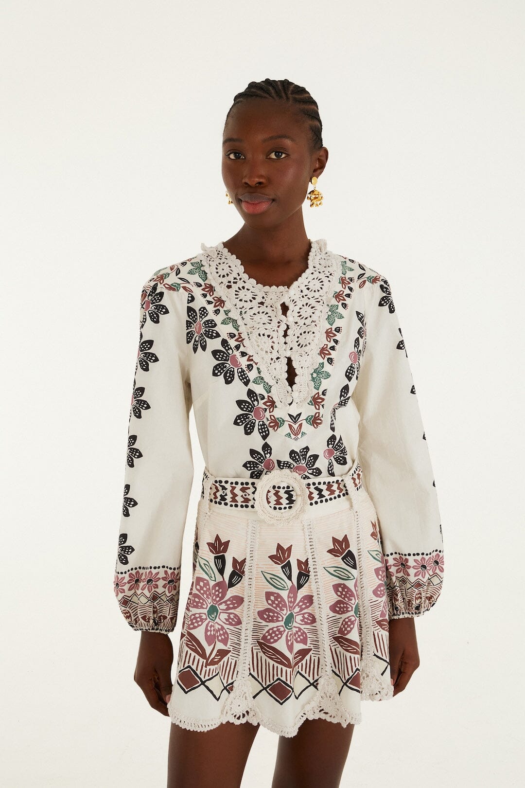 Falda Mini Blanco Hueso Ainika Rustic Flowers con Detalle de Crochet