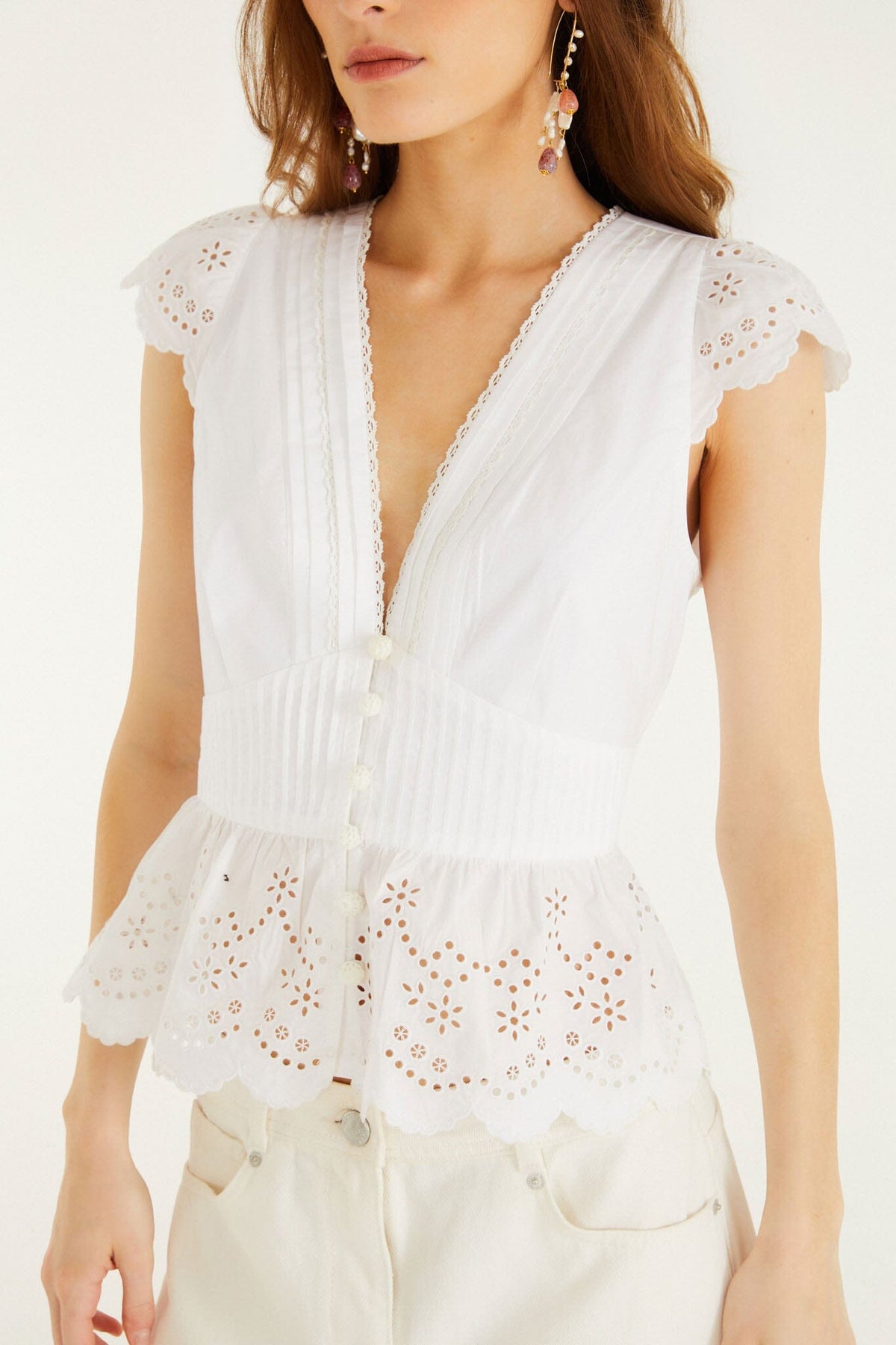 Blusa de Encaje Bordado Blanco Hueso