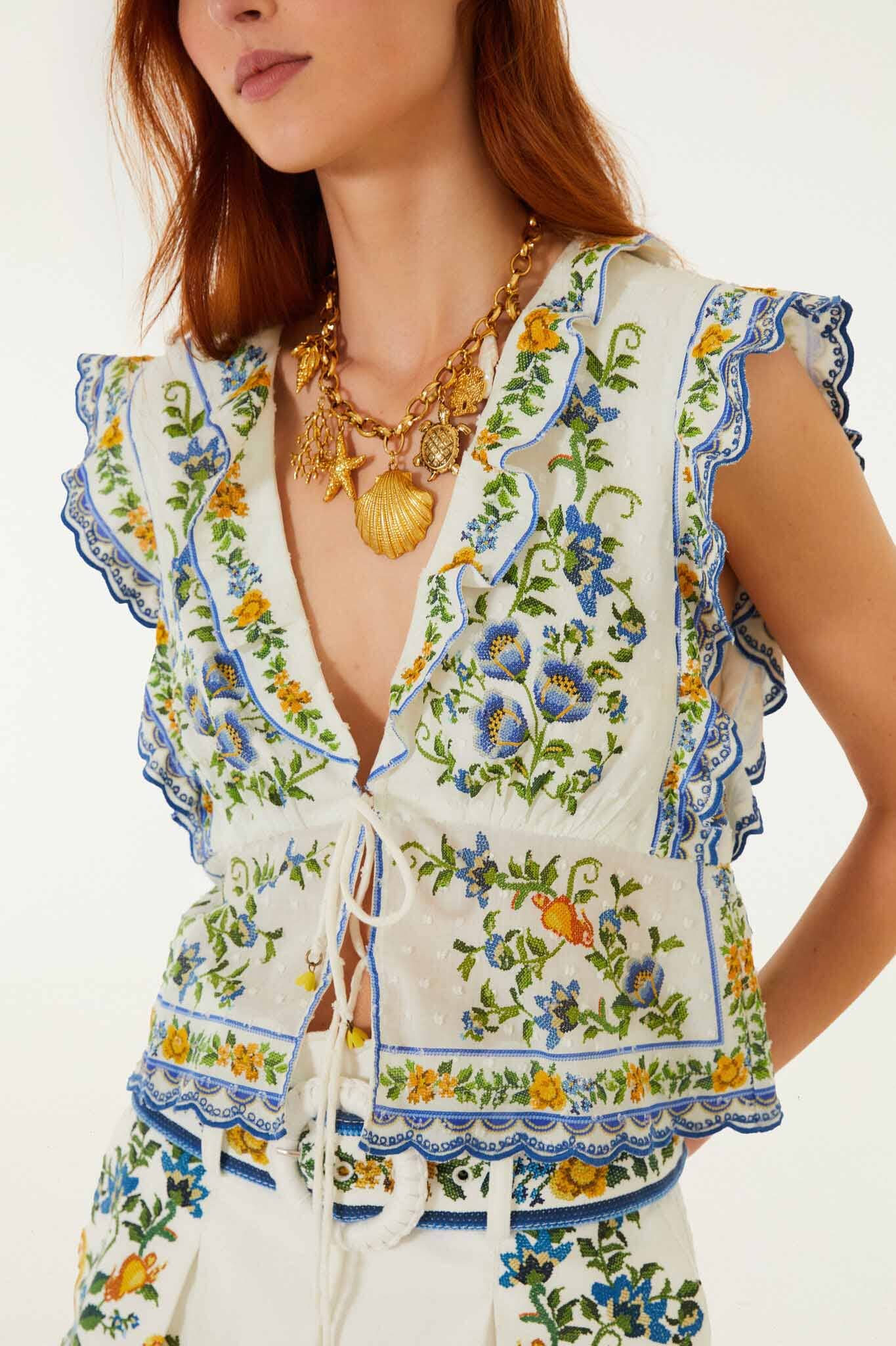 Blusa Blanco Hueso Emily Floral Tapestry con Cordón