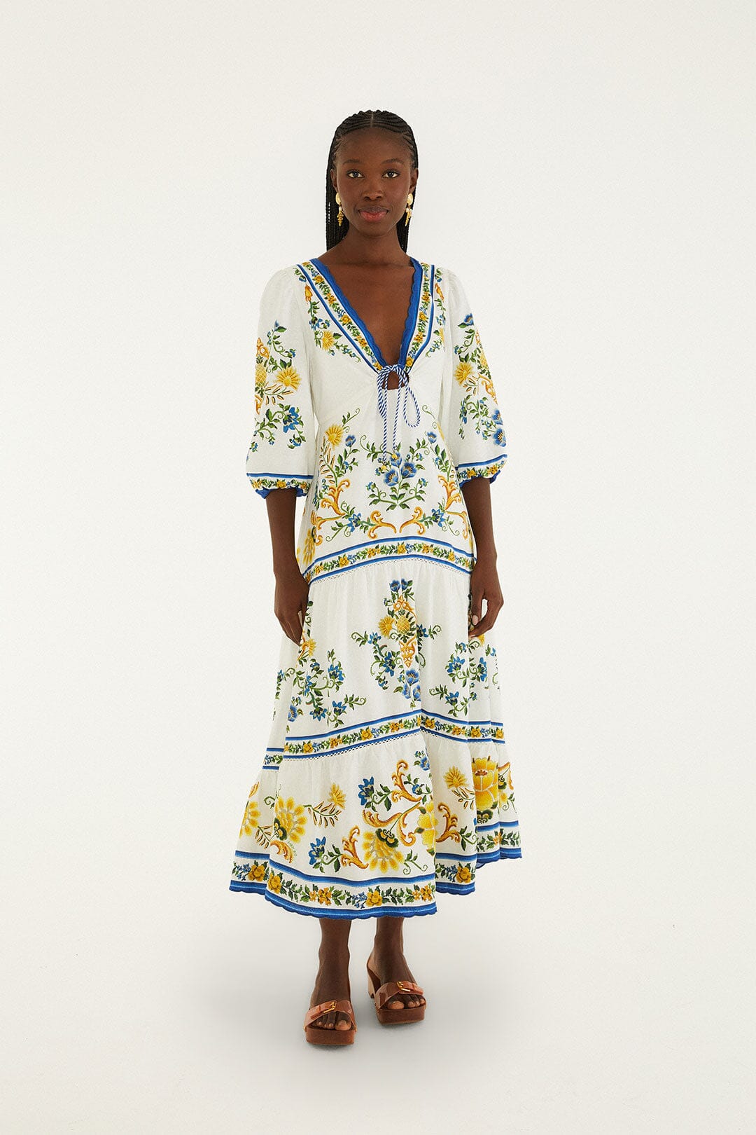 Vestido Midi Blanco Hueso Emily Floral Tapestry con Cordón