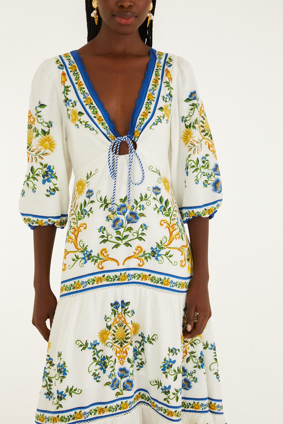 Vestido Midi Blanco Hueso Emily Floral Tapestry con Cordón