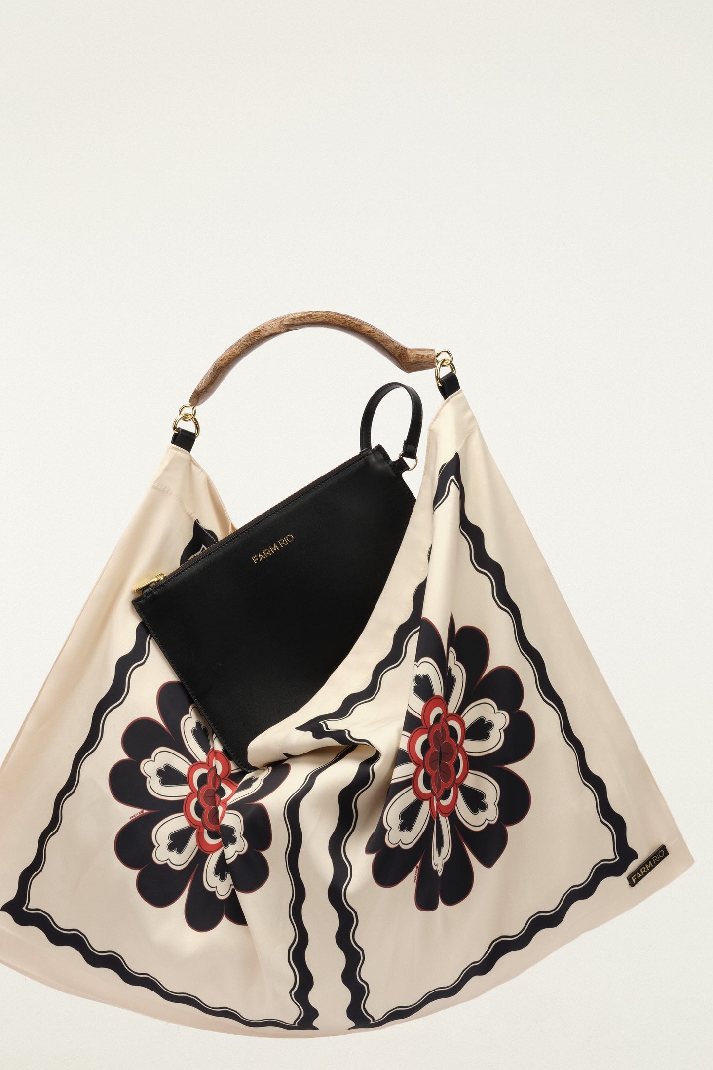 Bolsa Scarf Bag Mediana de Satín Blanco Hueso con Flores