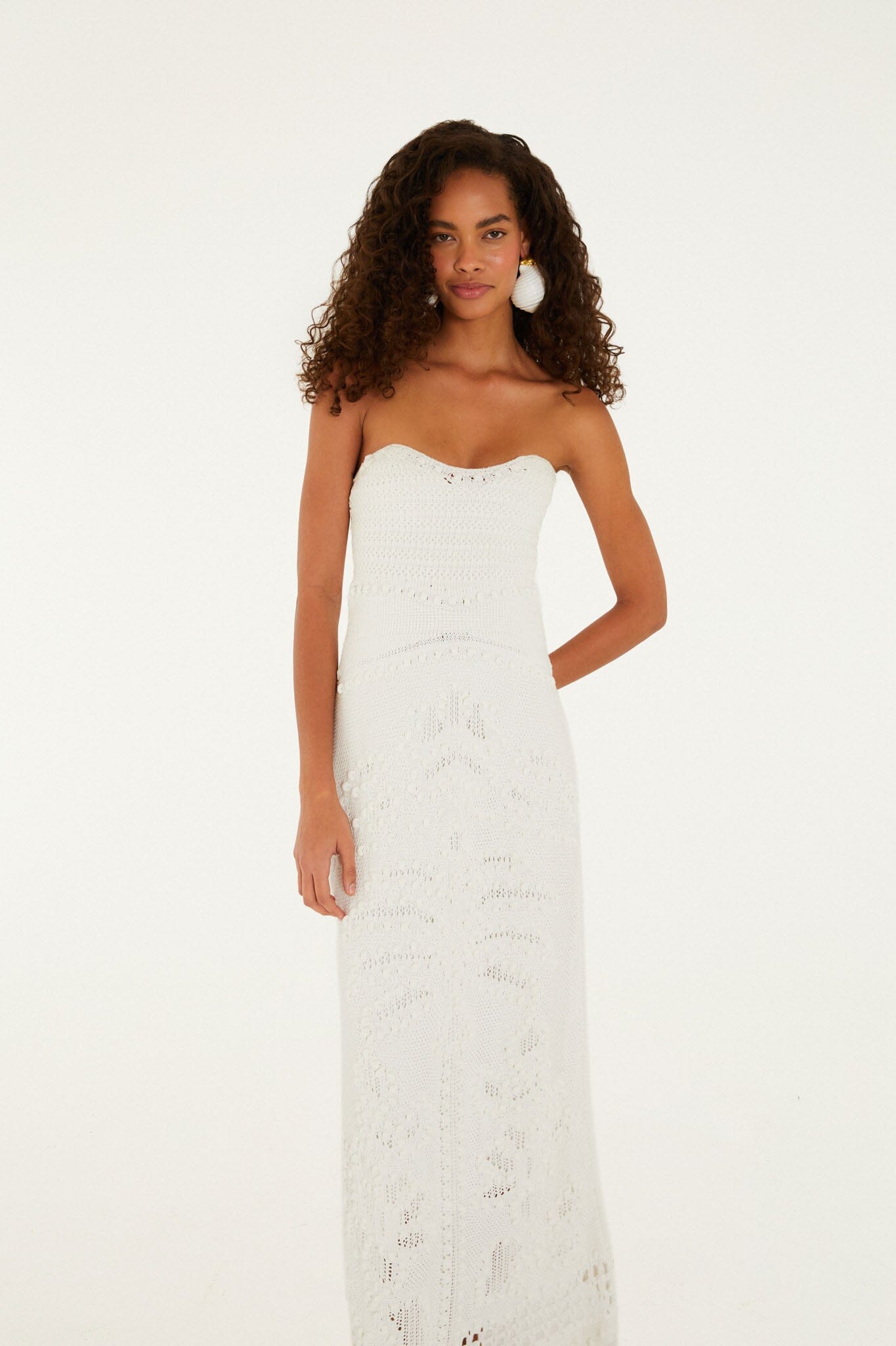 Maxi Vestido Tejido Palm Tree Blanco Hueso Strapless