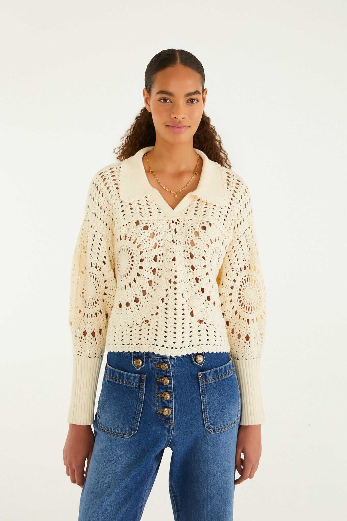 Suéter de Crochet Polo Blanco Hueso