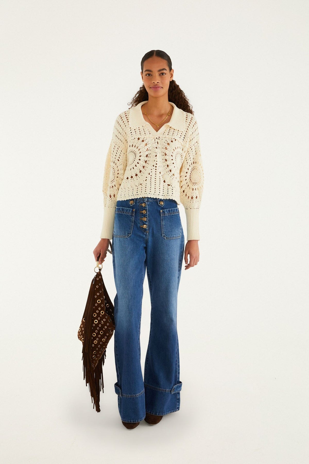 Suéter de Crochet Polo Blanco Hueso