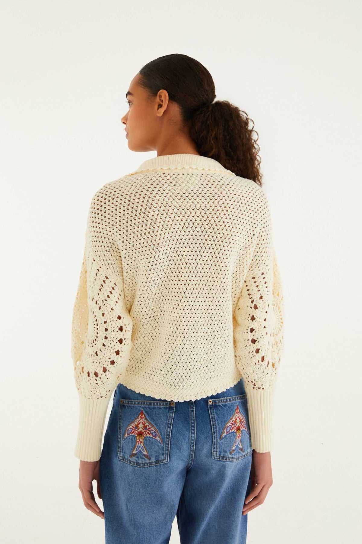 Suéter de Crochet Polo Blanco Hueso