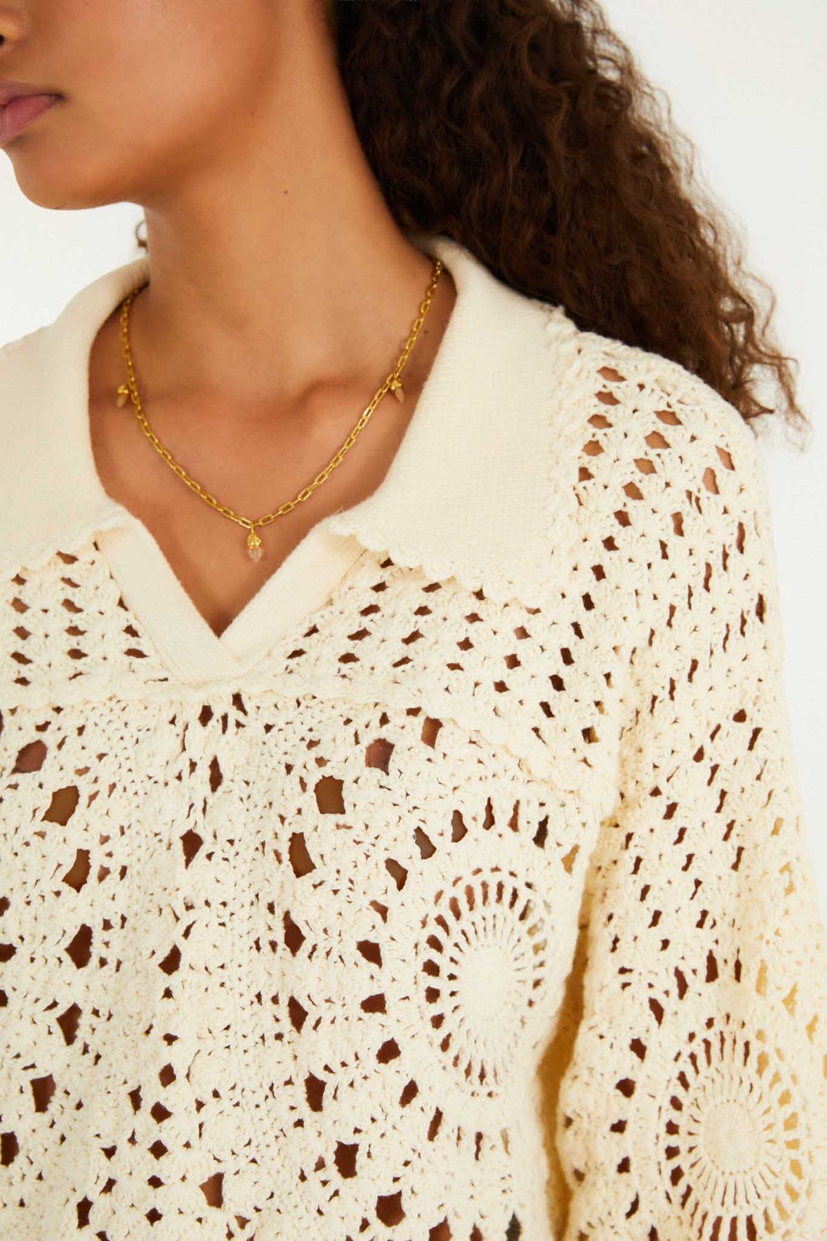Suéter de Crochet Polo Blanco Hueso