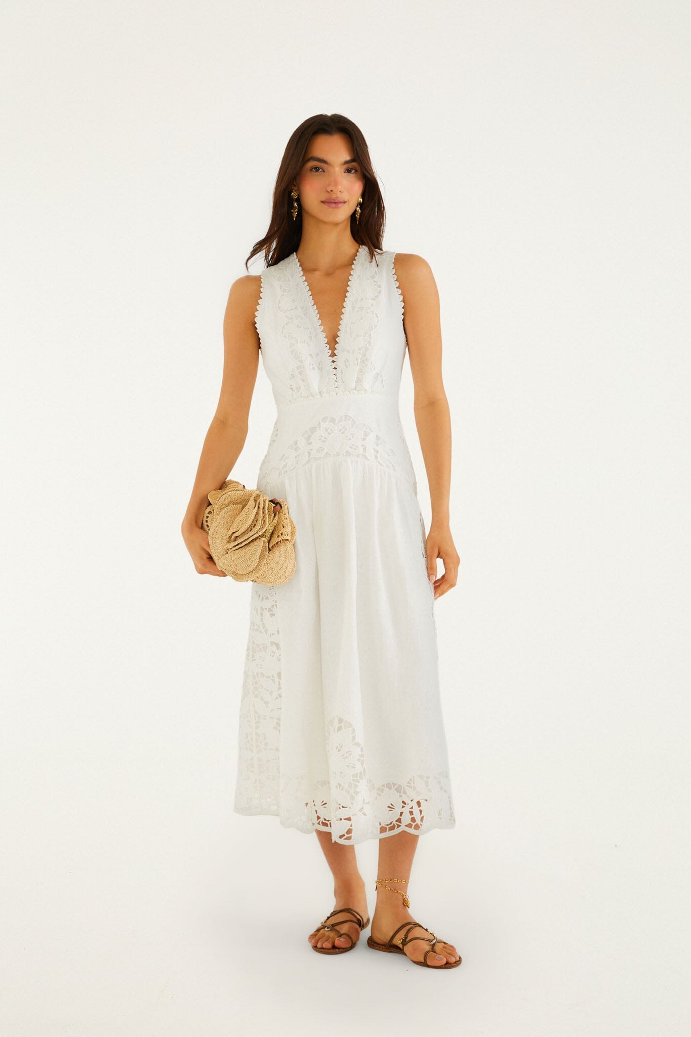 Vestido Midi Blanco Hueso Richelieu con Escote en V sin Mangas