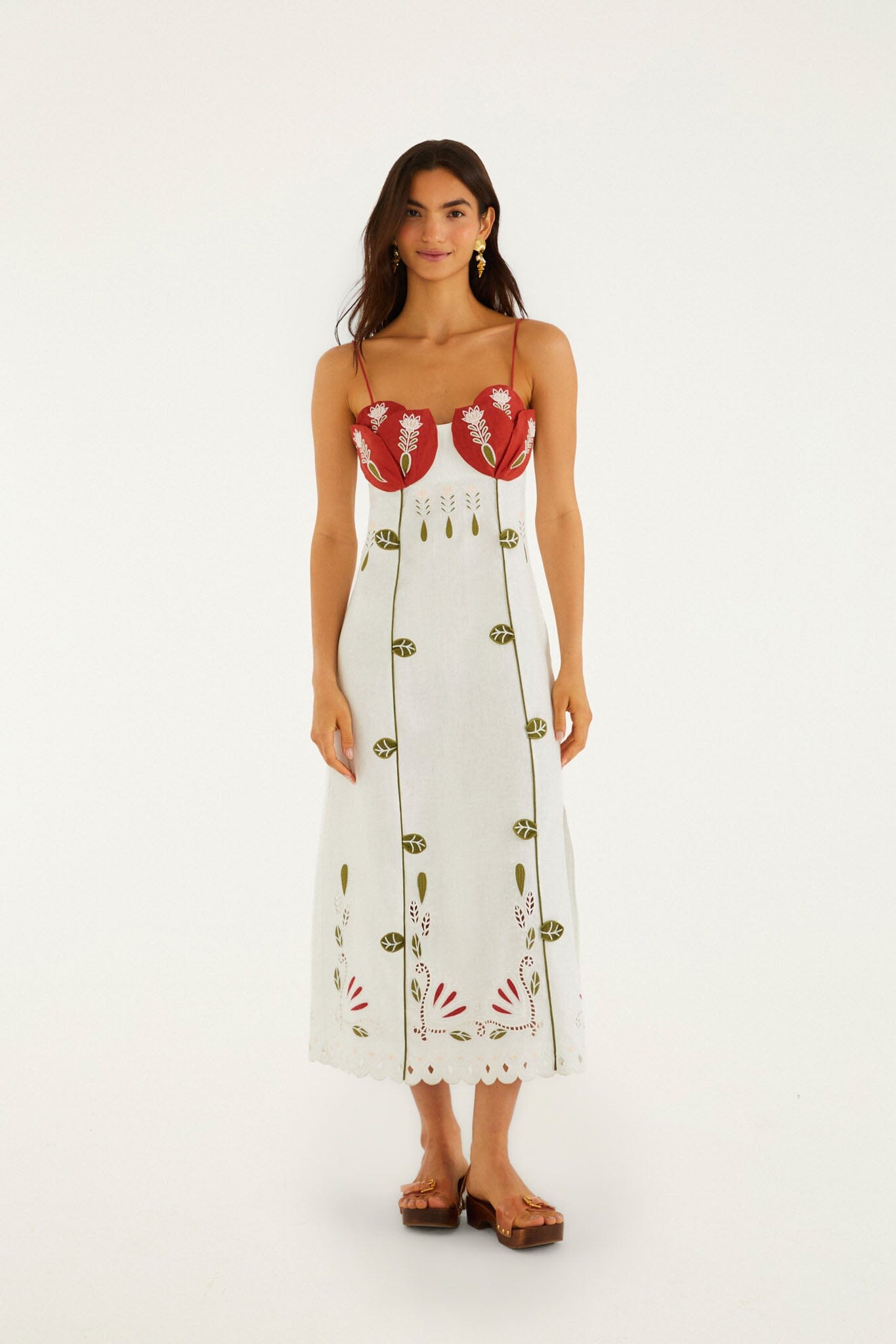 Vestido Midi Blanco Hueso Bordado Tulip Richelieu