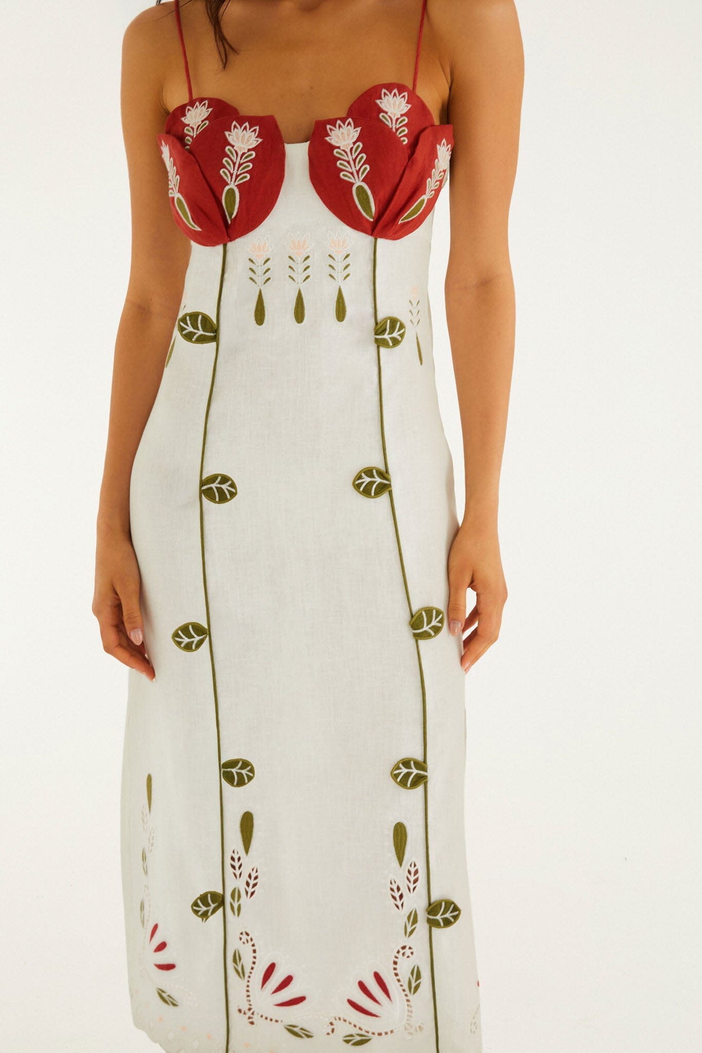 Vestido Midi Blanco Hueso Bordado Tulip Richelieu
