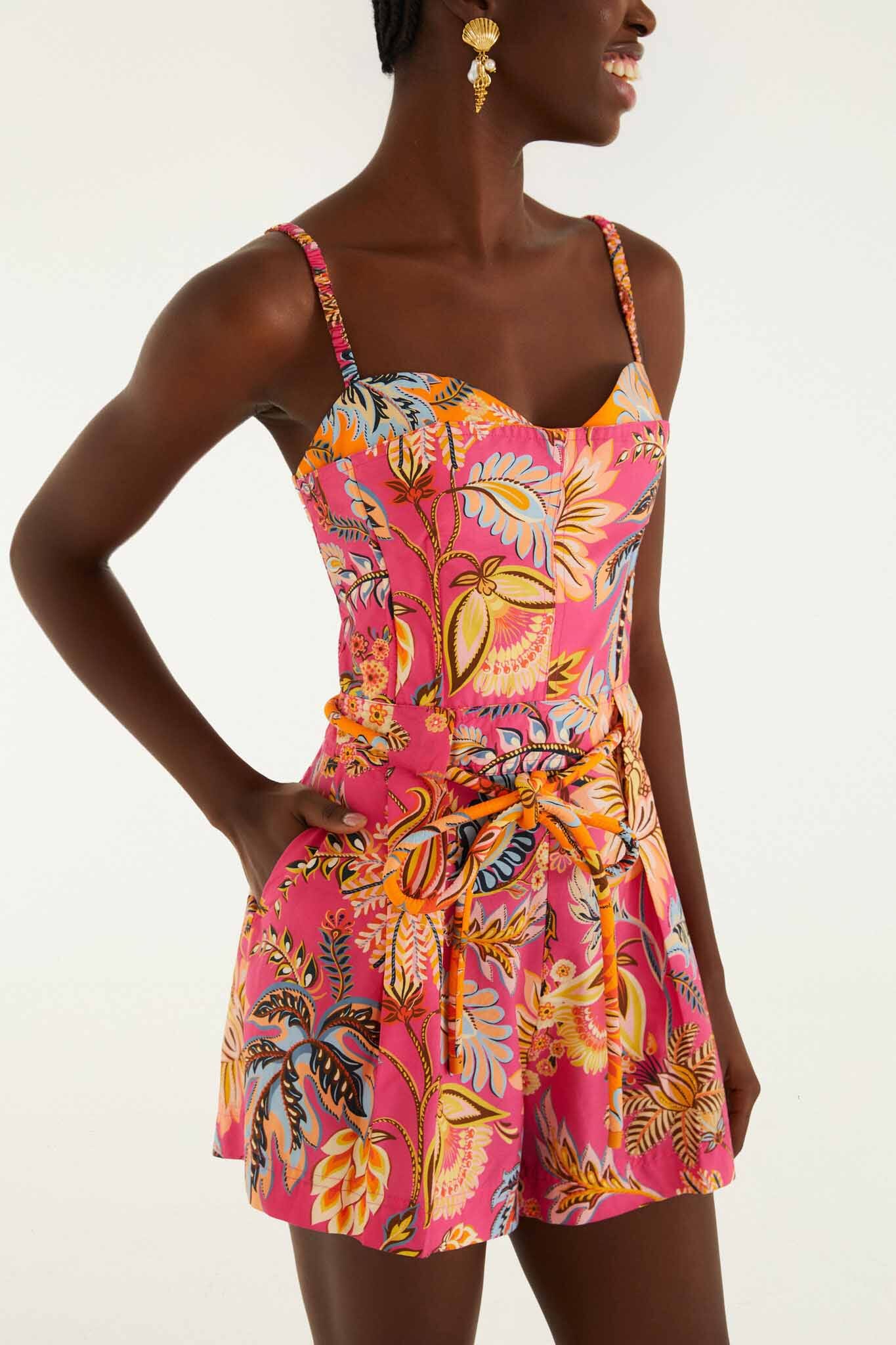 Romper Rosa Ligia Floral con Cordón