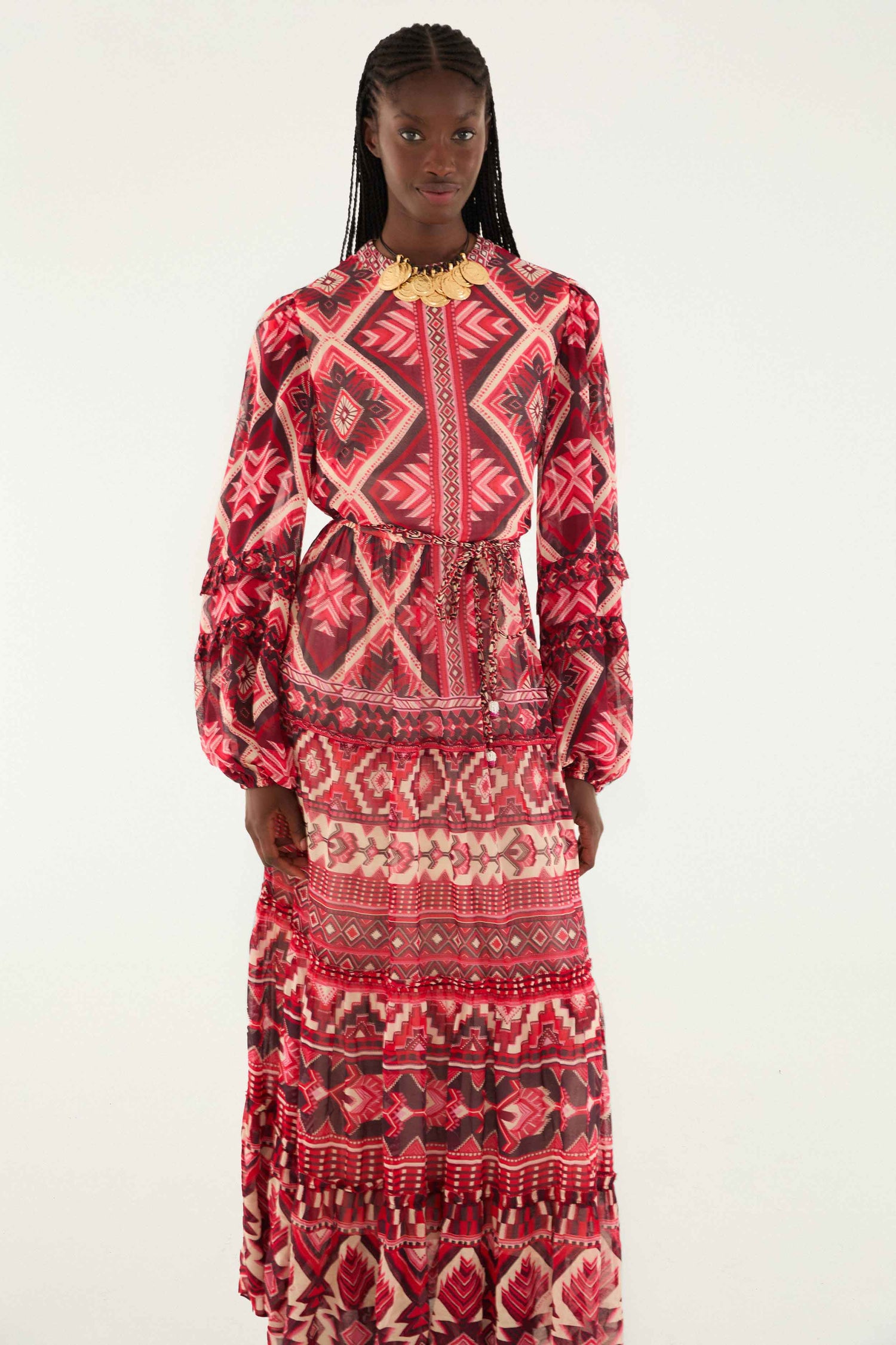 FARM Rio model wearing the Red Graphic Ainika Belted Tiered Maxi Dress