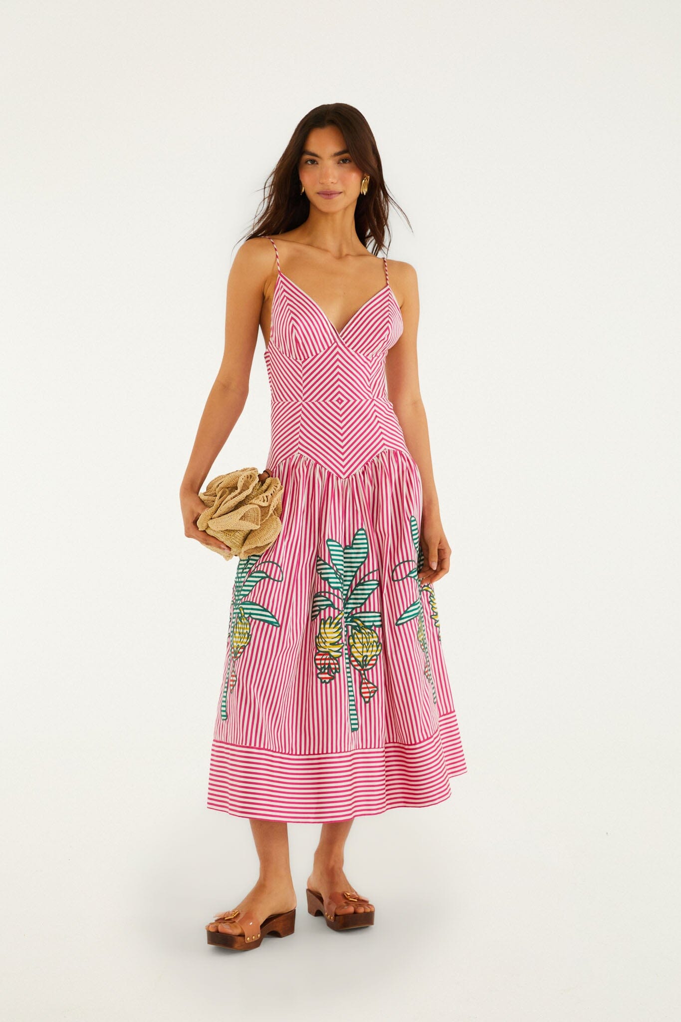 Vestido Midi Rosa Rayas de Palmeras con Calado