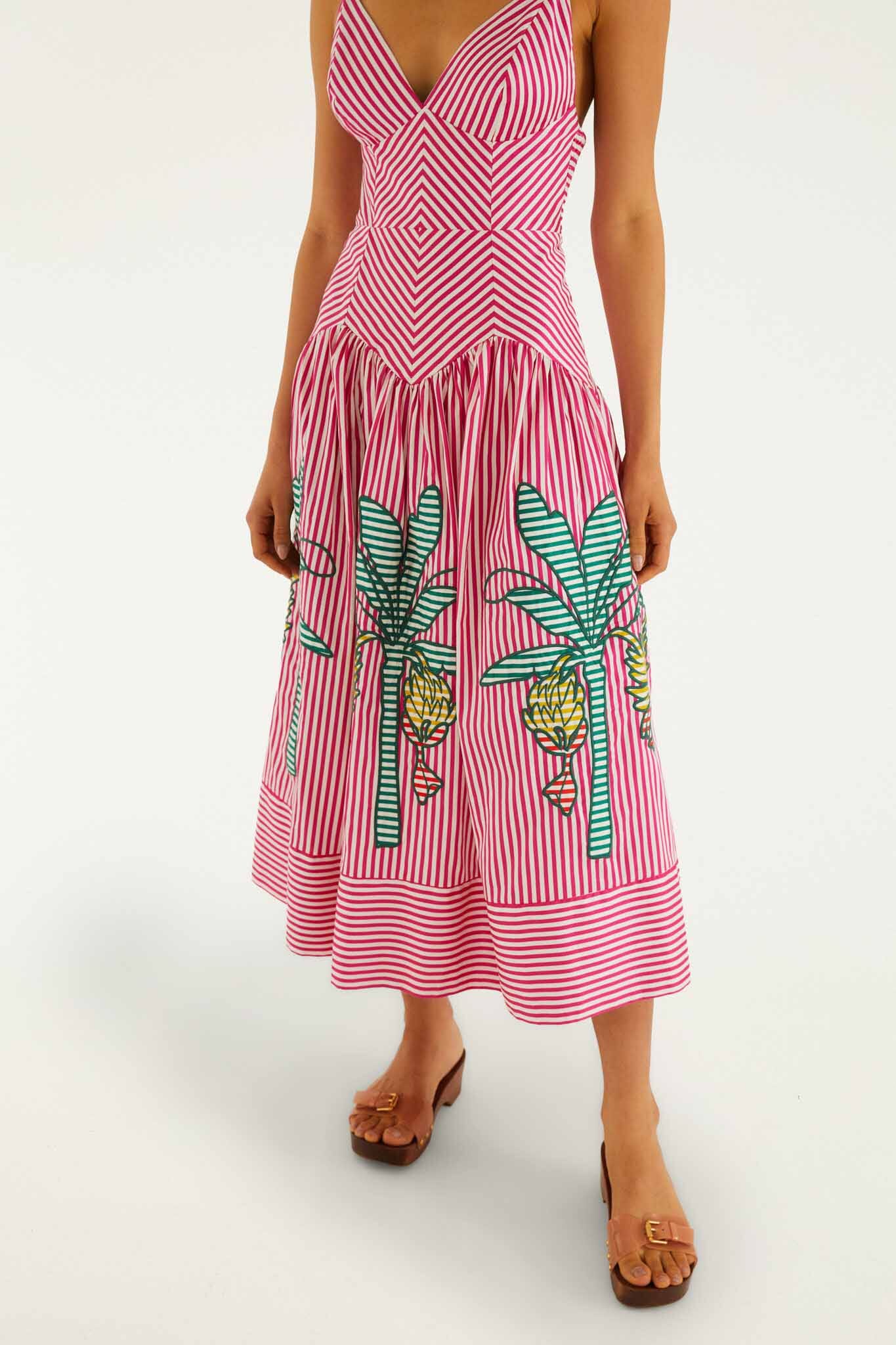Vestido Midi Rosa Rayas de Palmeras con Calado
