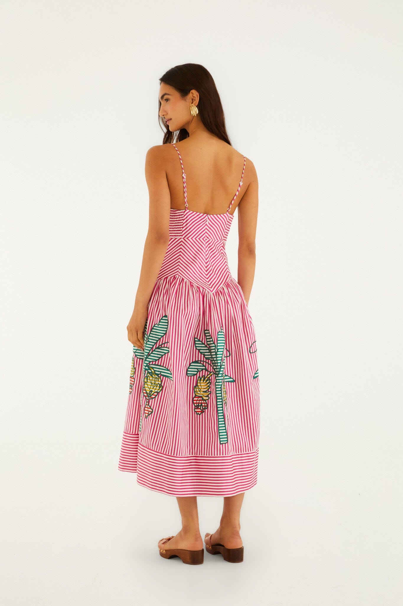 Vestido Midi Rosa Rayas de Palmeras con Calado