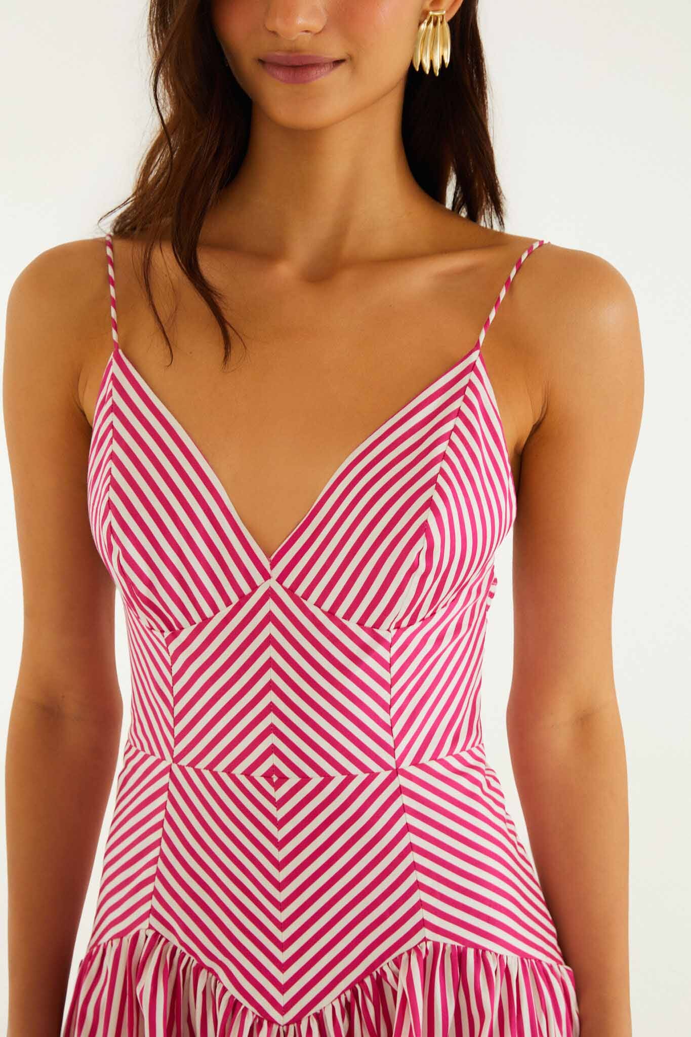 Vestido Midi Rosa Rayas de Palmeras con Calado