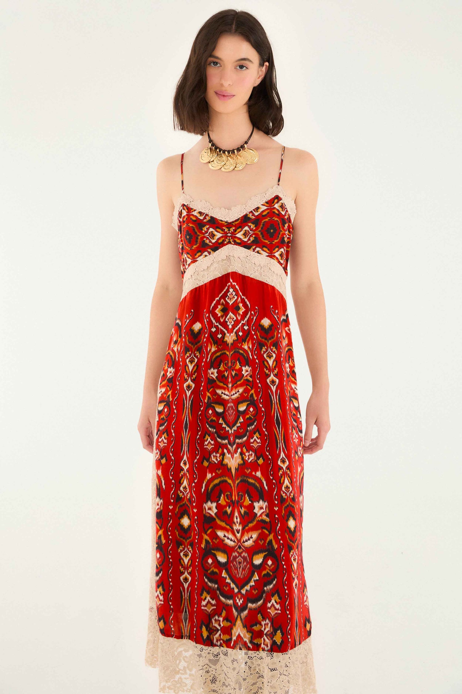 FARM Rio model wearing the Sand Ainika Pineapple Ikat Midi Dress