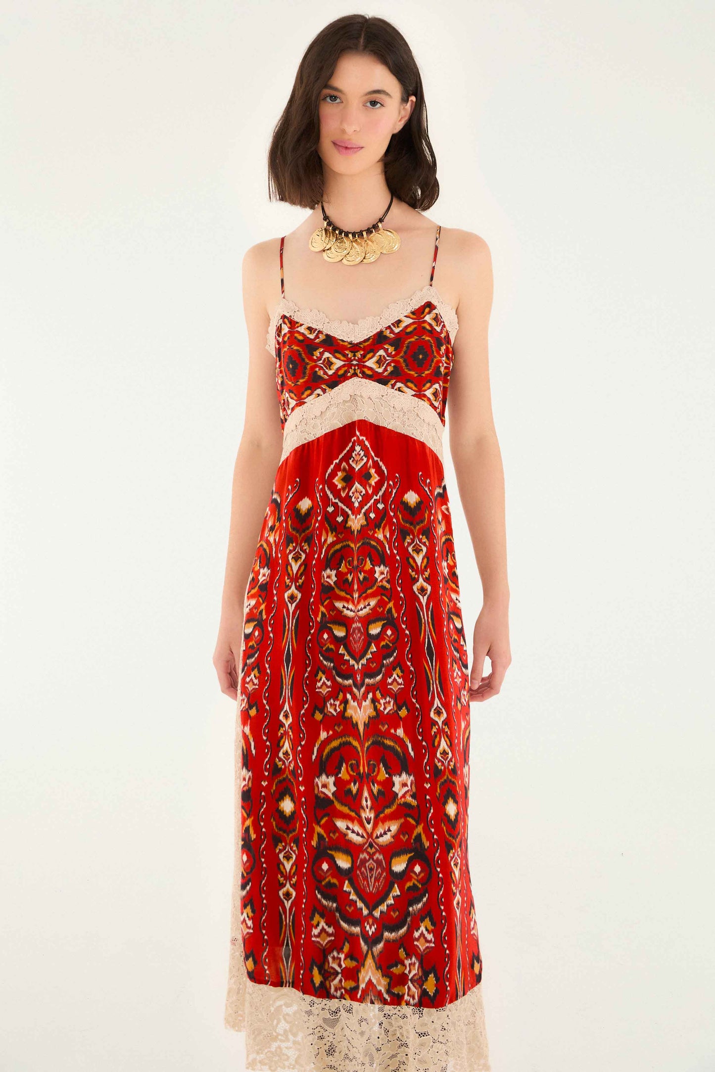 FARM Rio model wearing the Sand Ainika Pineapple Ikat Midi Dress