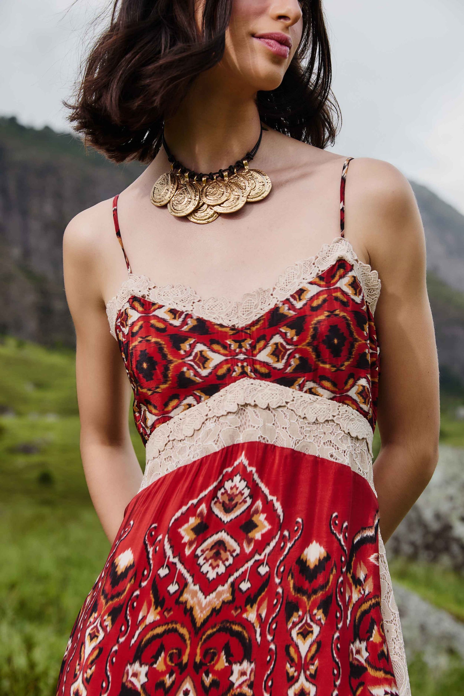 FARM Rio model wearing the Sand Ainika Pineapple Ikat Midi Dress