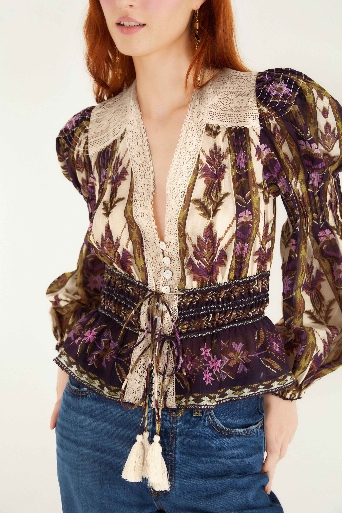 FARM Rio model wearing the Sand Embroidered Tapestry Long Sleeve Blouse
