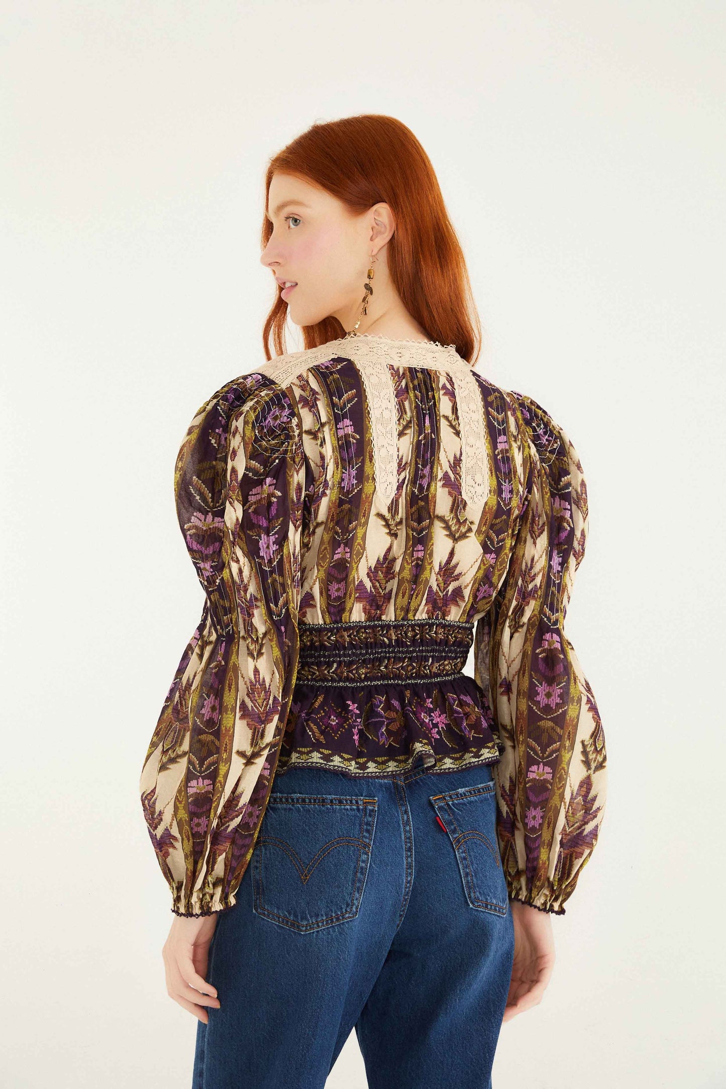 FARM Rio model wearing the Sand Embroidered Tapestry Long Sleeve Blouse