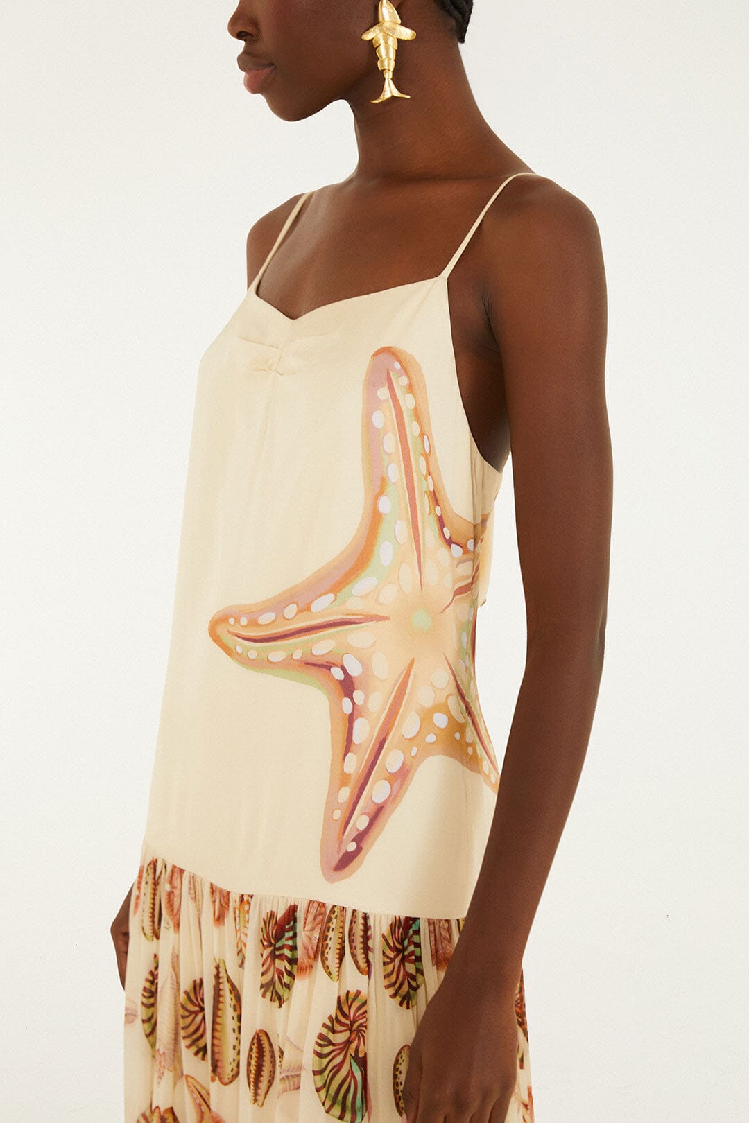 Maxi Vestido Marine Shells Arena con Tablones y Sin Mangas