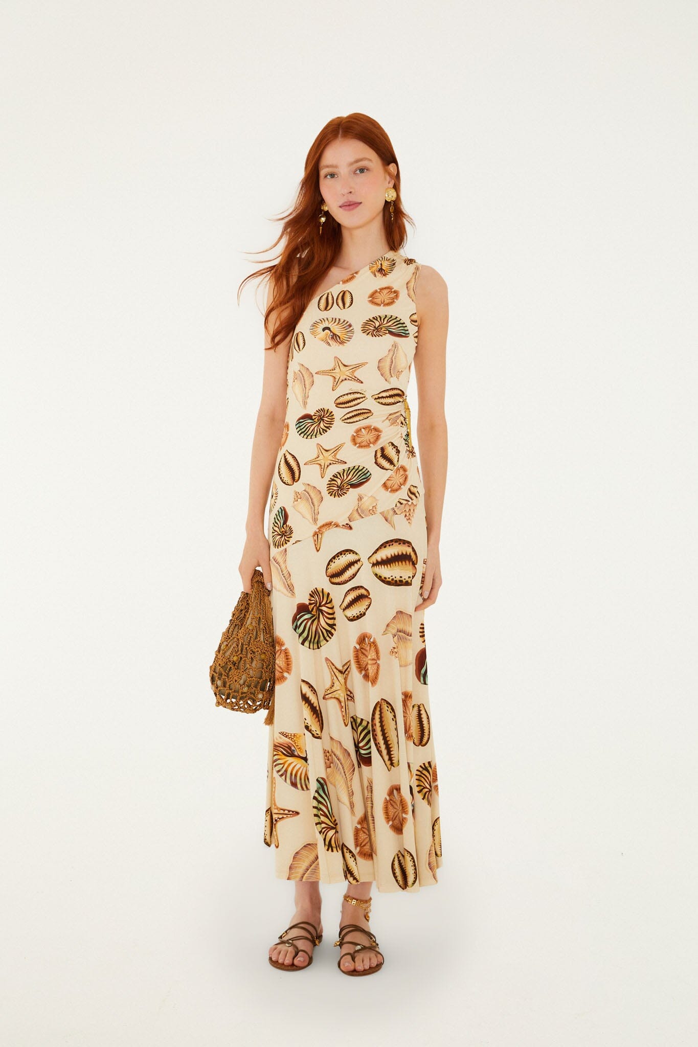 Maxi Vestido Marine Shells Arena con Borla y Un Solo Hombro