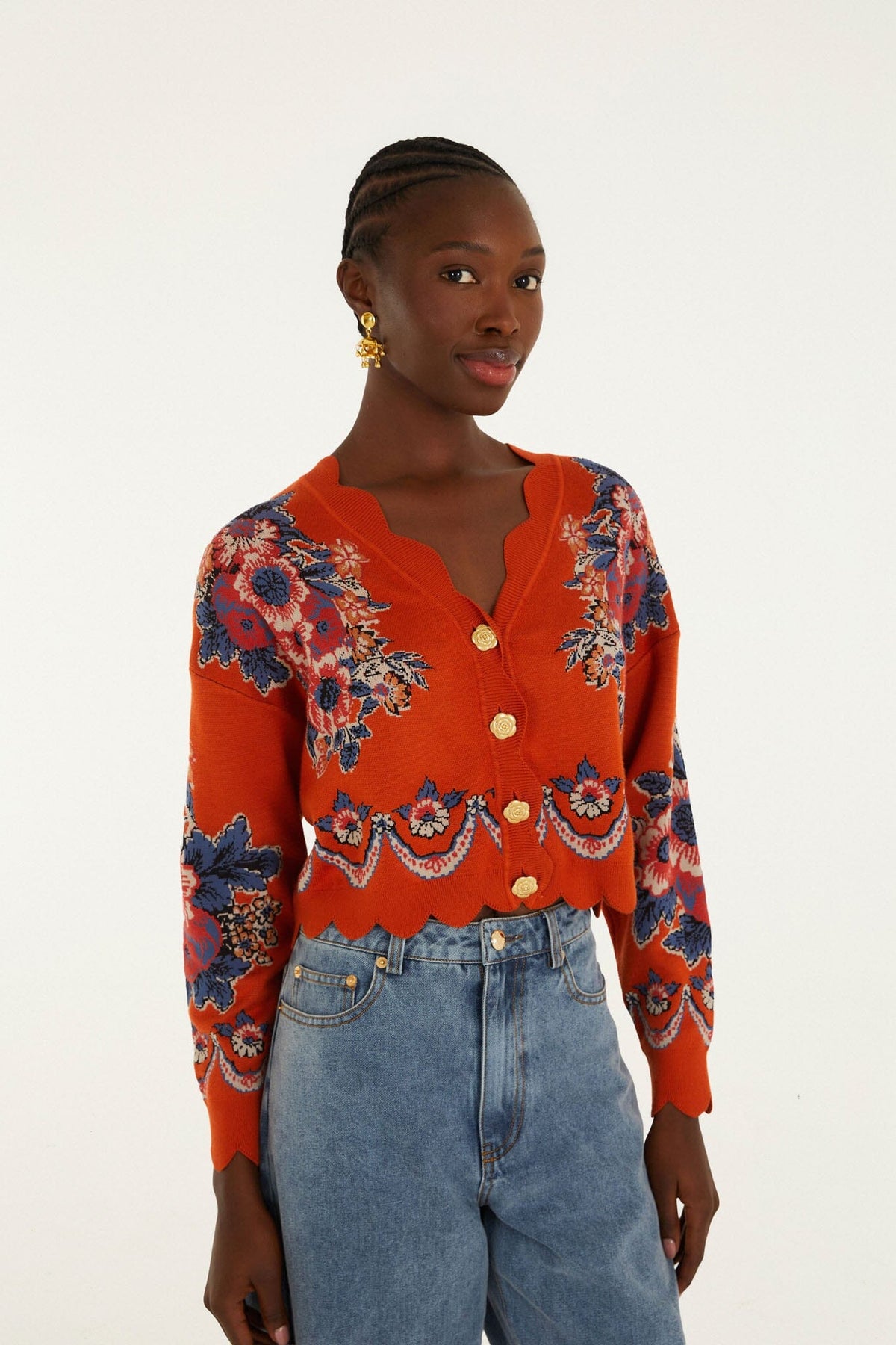 Cardigan Tejido Victorian Floral Terracota con Botones