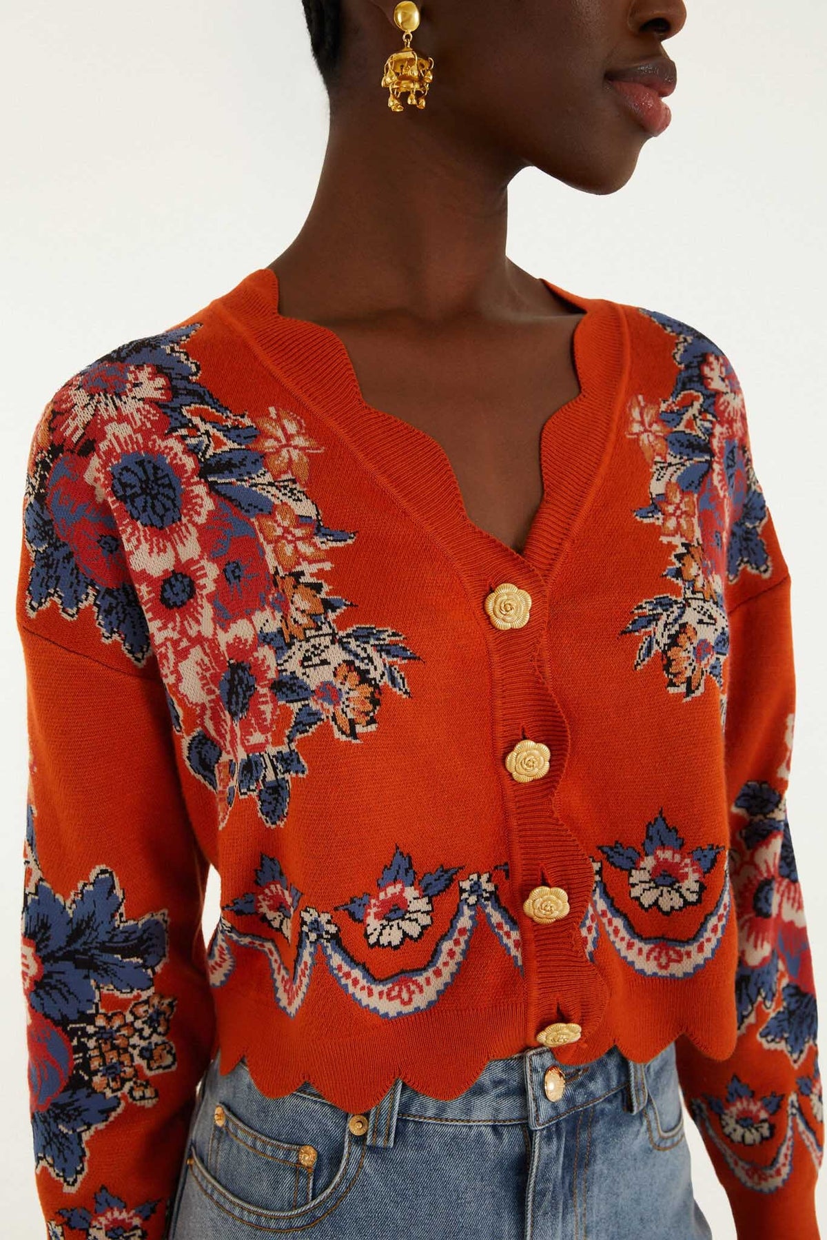Cardigan Tejido Victorian Floral Terracota con Botones