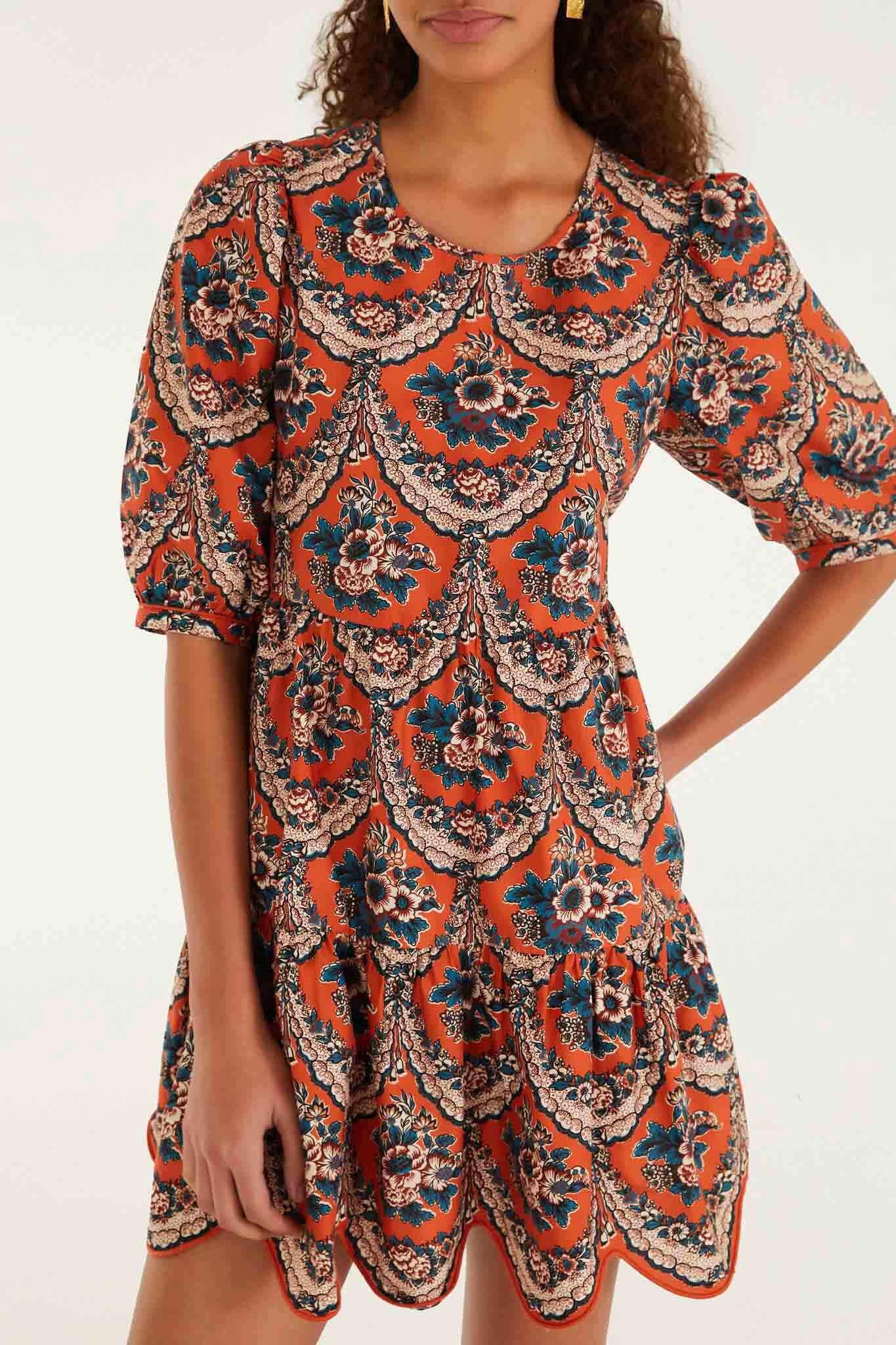 Mini Vestido Victorian Floral Terracota con Manga Abombada