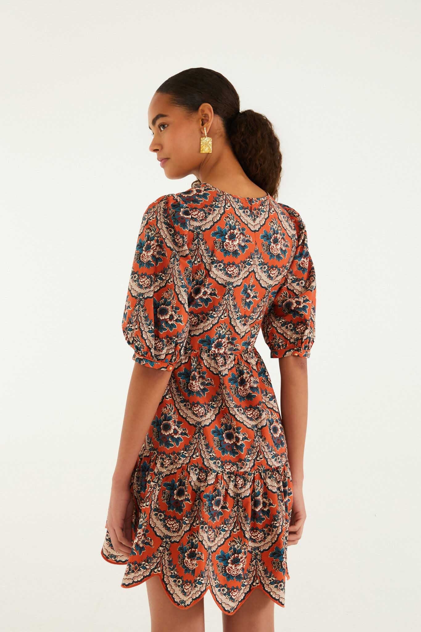Mini Vestido Victorian Floral Terracota con Manga Abombada