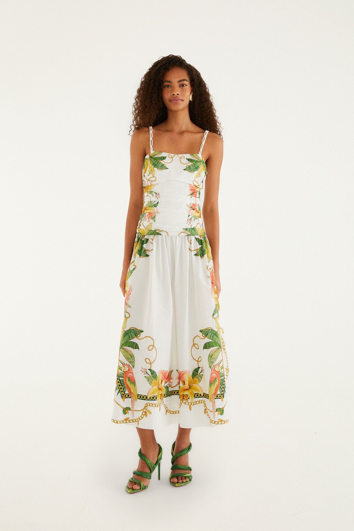 Midi Vestido Tropical Royalty Blanco Hueso Sin Mangas