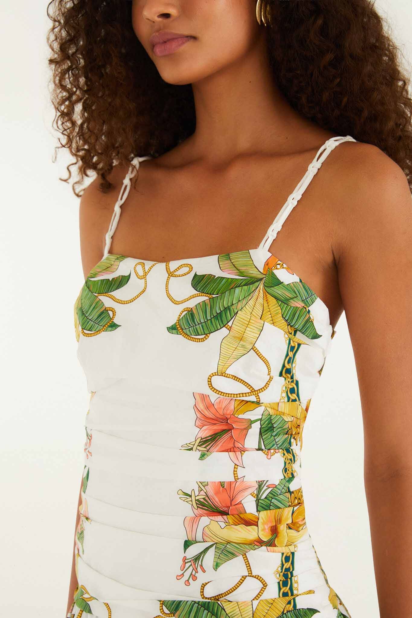 Midi Vestido Tropical Royalty Blanco Hueso Sin Mangas