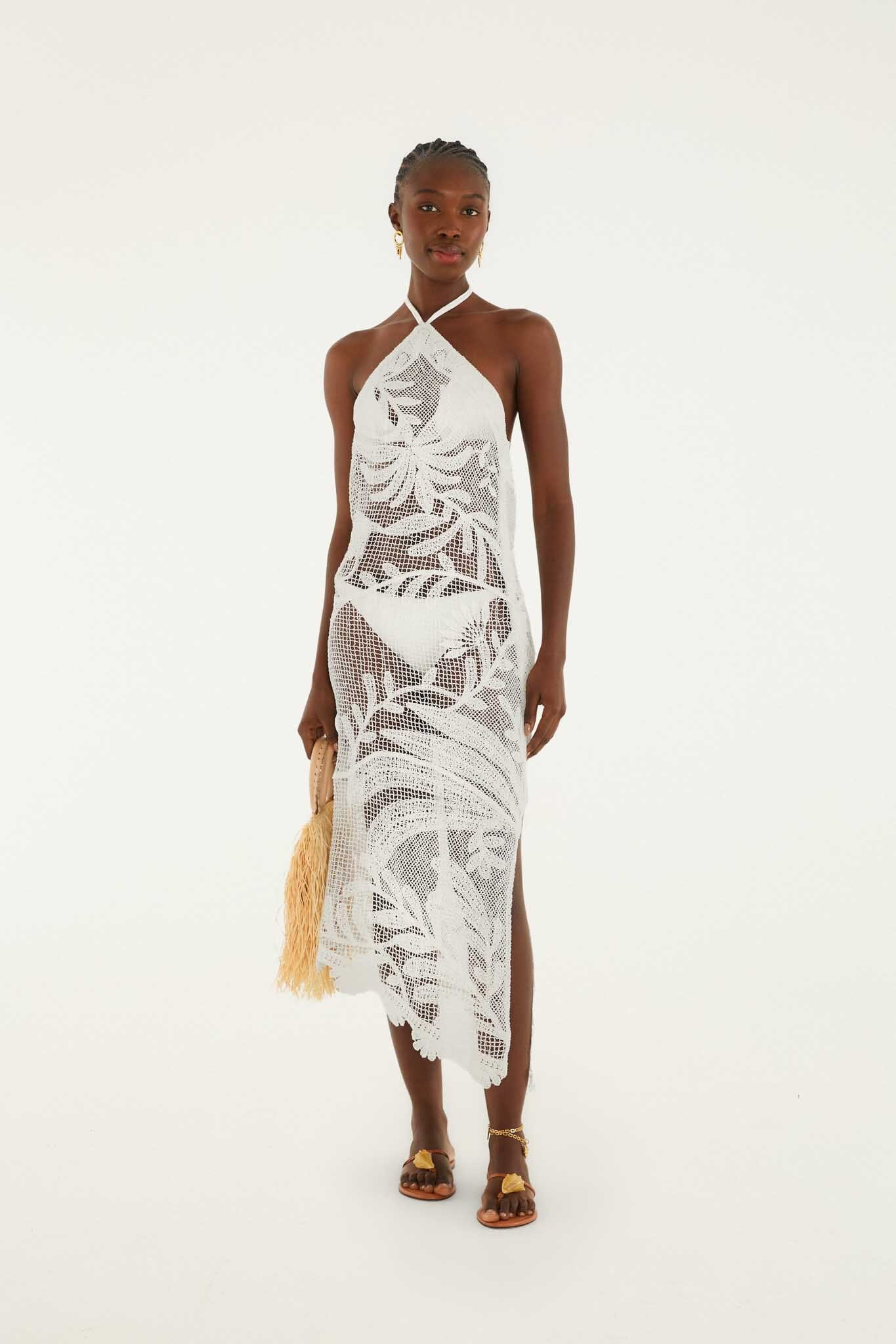Vestido Midi Blanco de Crochet con Cuello Halter Transparente